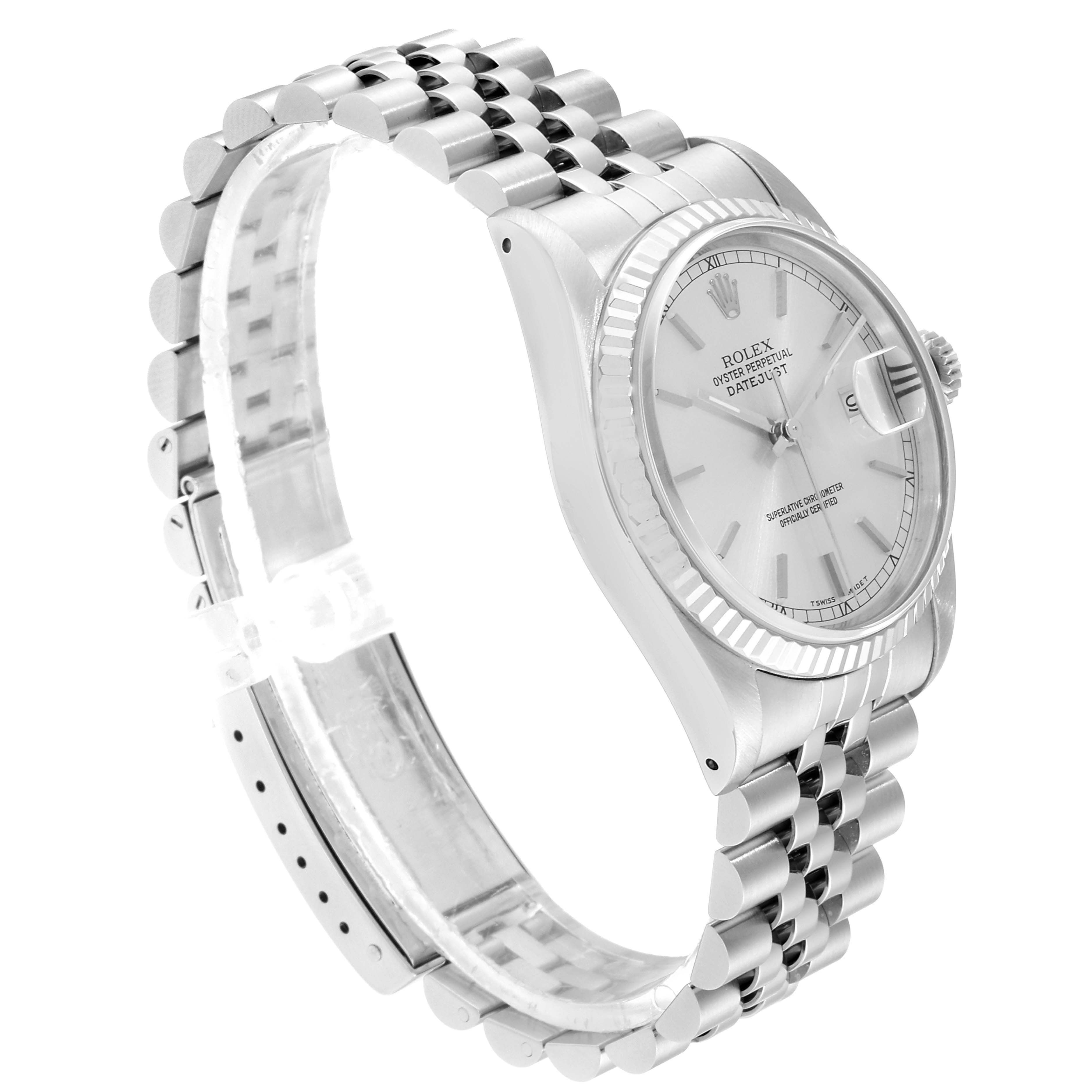 This image shows a side angle of the Rolex Datejust 16234 Men's Stainless Steel Silver Dial 16234 Men's Stainless Steel Silver Dial watch, displaying the bracelet, case, and dial.