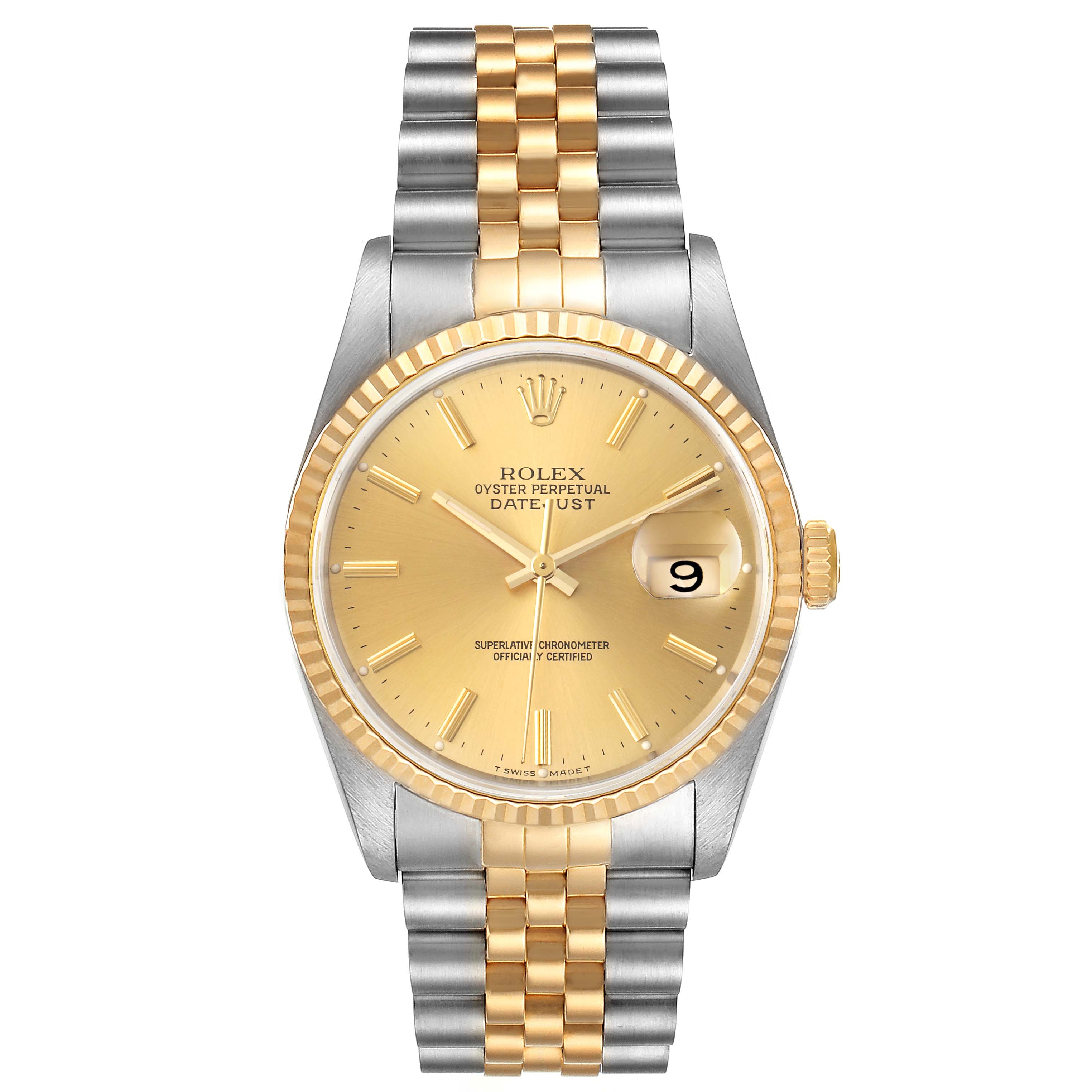 This Rolex Datejust 16233 Men's Steel and Gold (two tone) Champagne Dial 16233 Men's Steel and Gold (two tone) Champagne Dial model is shown from the front, displaying the dial, fluted bezel, date window, and Jubilee bracelet.