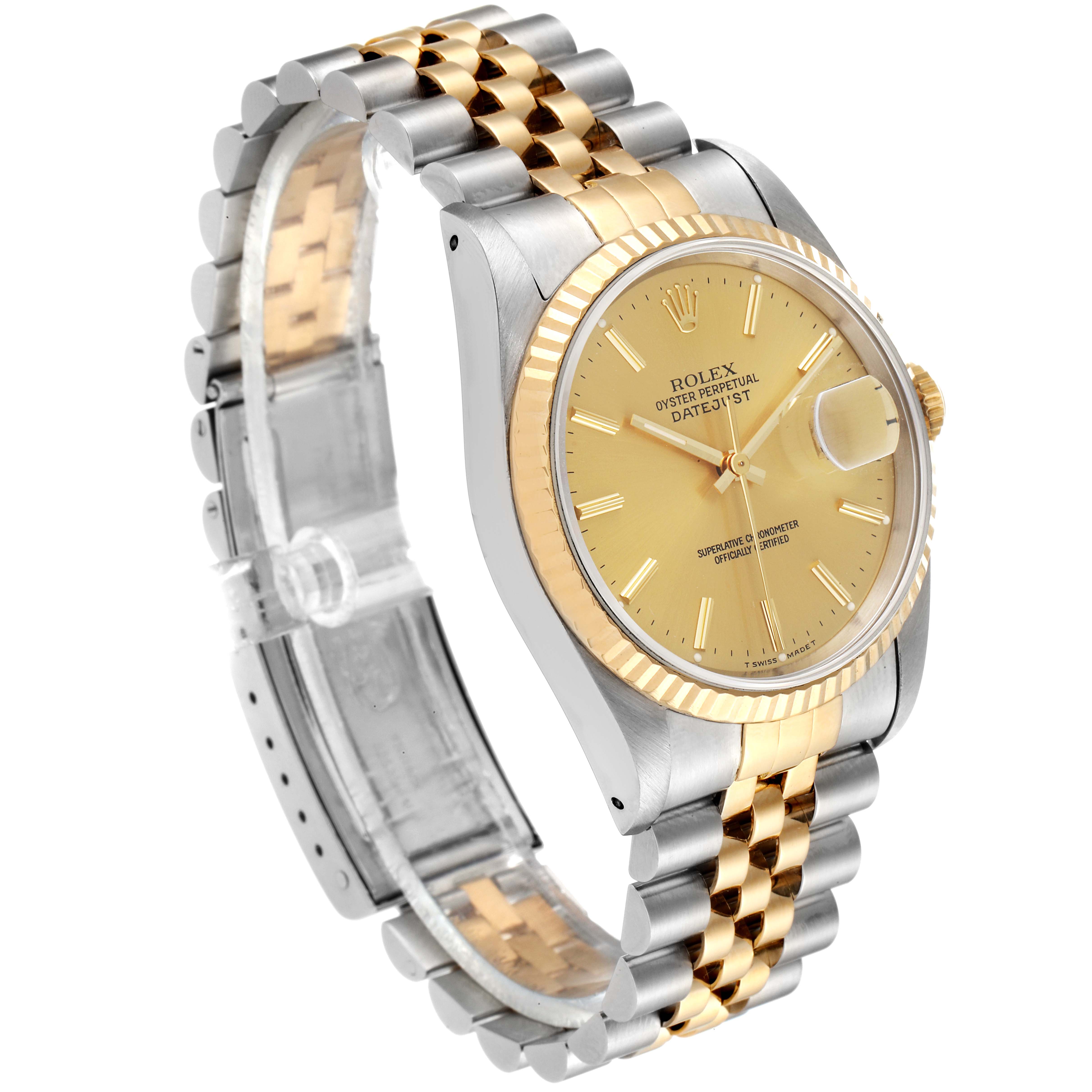The image shows a Rolex Datejust 16233 Men's Steel and Gold (two tone) Champagne Dial 16233 Men's Steel and Gold (two tone) Champagne Dial watch at a three-quarter angle, highlighting its two-tone bracelet and gold dial with a date window.