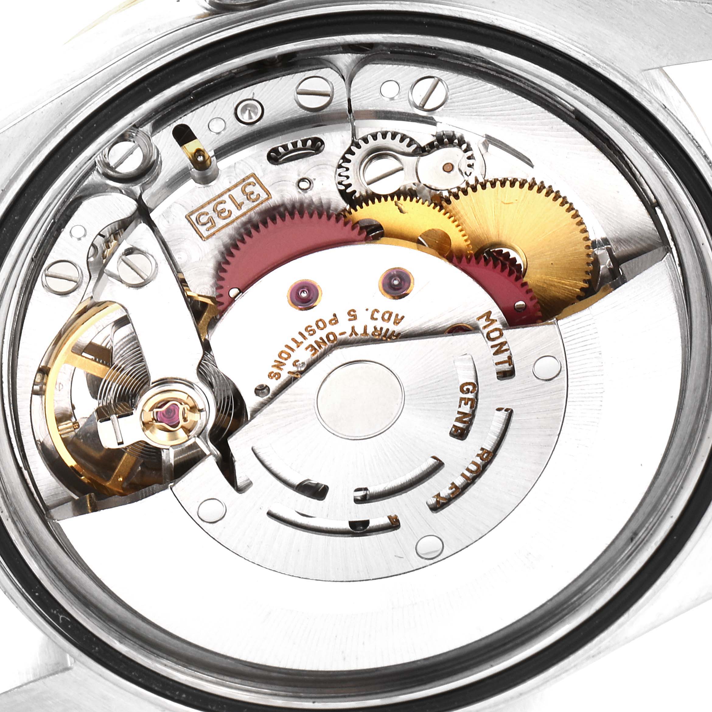 This image shows the internal movement parts of a Rolex Datejust 16233 Men's Steel and Gold (two tone) Champagne Dial 16233 Men's Steel and Gold (two tone) Champagne Dial model watch, viewed from the back.