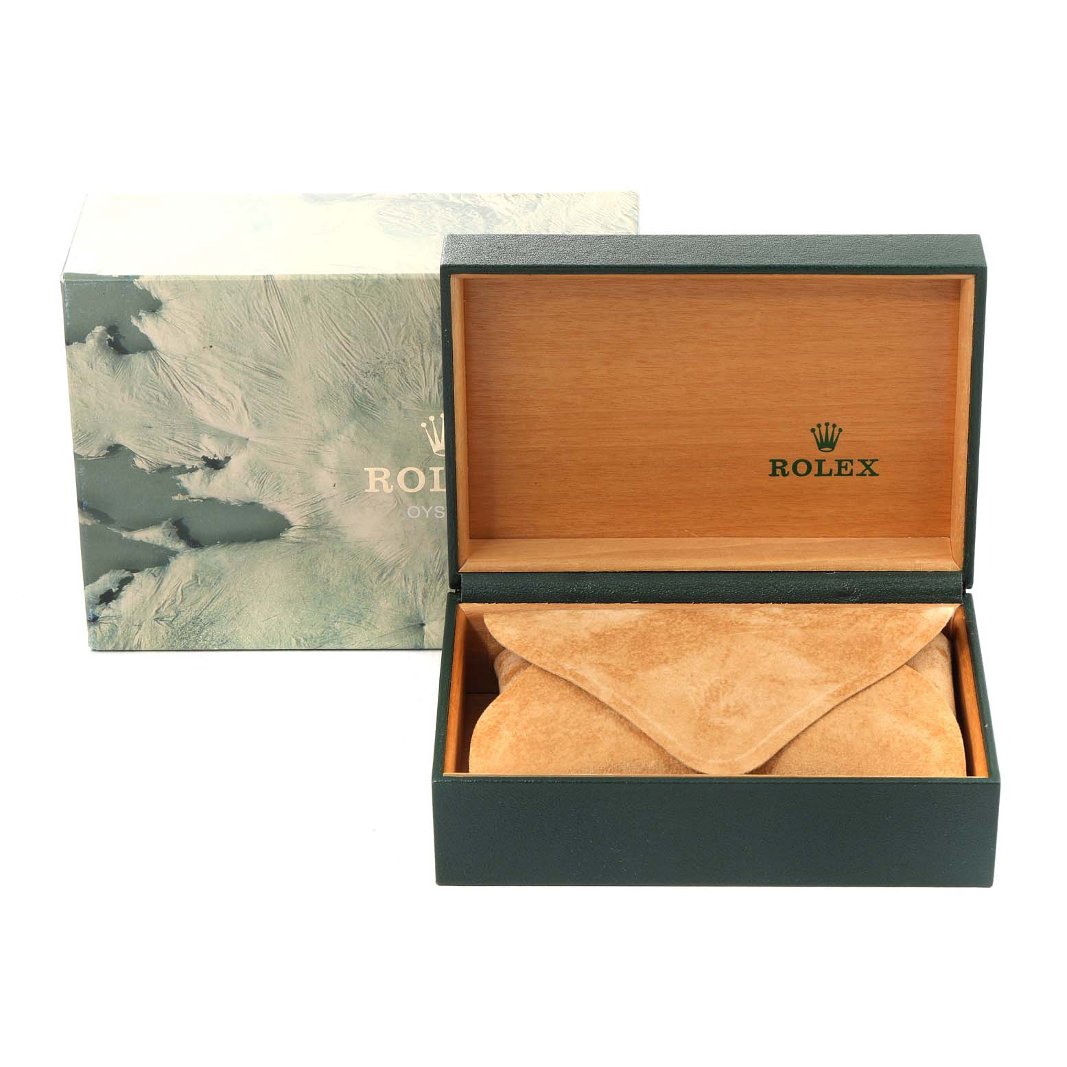 The image shows an open Rolex Datejust 16233 Men's Steel and Gold (two tone) Champagne Dial 16233 Men's Steel and Gold (two tone) Champagne Dial watch box with a suede pouch inside, alongside its green outer box.