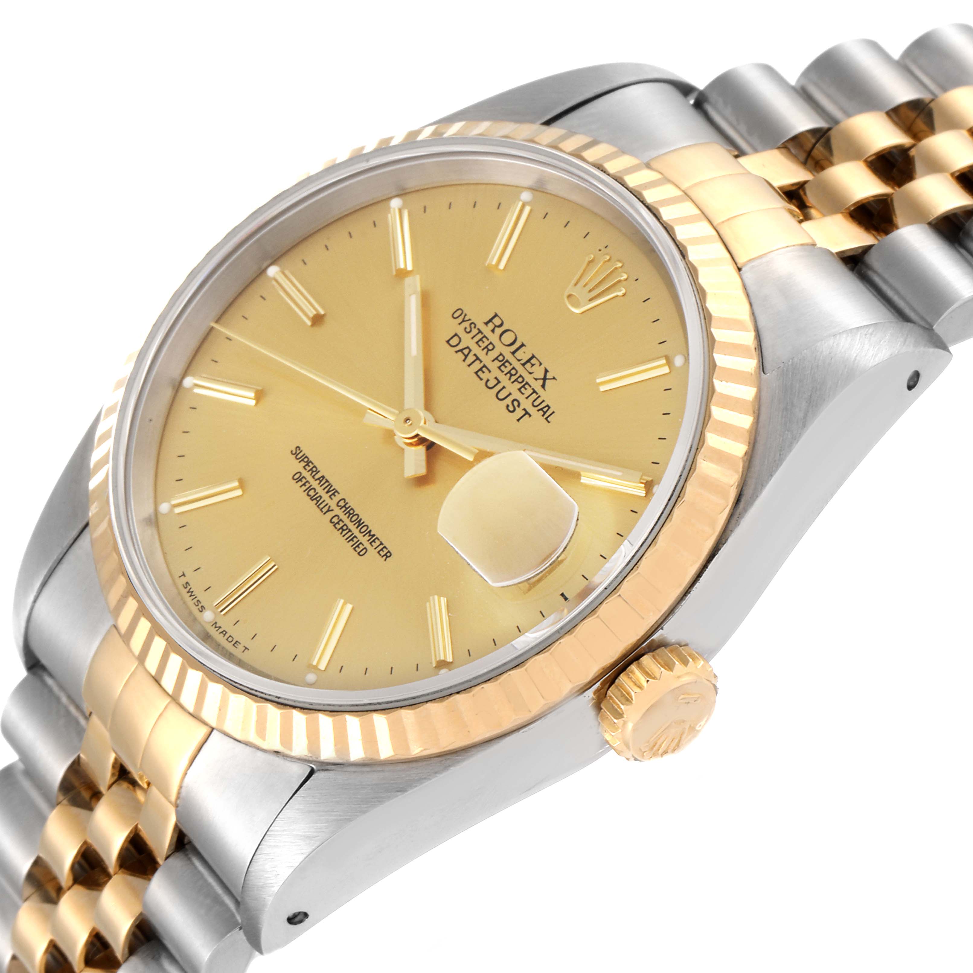 This image shows the face, crown, bezel, and part of the bracelet of a Rolex Datejust 16233 Men's Steel and Gold (two tone) Champagne Dial 16233 Men's Steel and Gold (two tone) Champagne Dial watch at a three-quarter angle.
