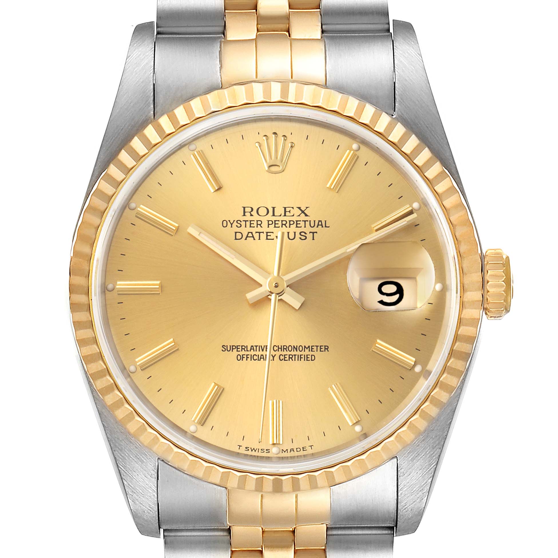 This is a frontal view of a Rolex Datejust 16233 Men's Steel and Gold (two tone) Champagne Dial 16233 Men's Steel and Gold (two tone) Champagne Dial watch showing the dial, bezel, and part of the bracelet.