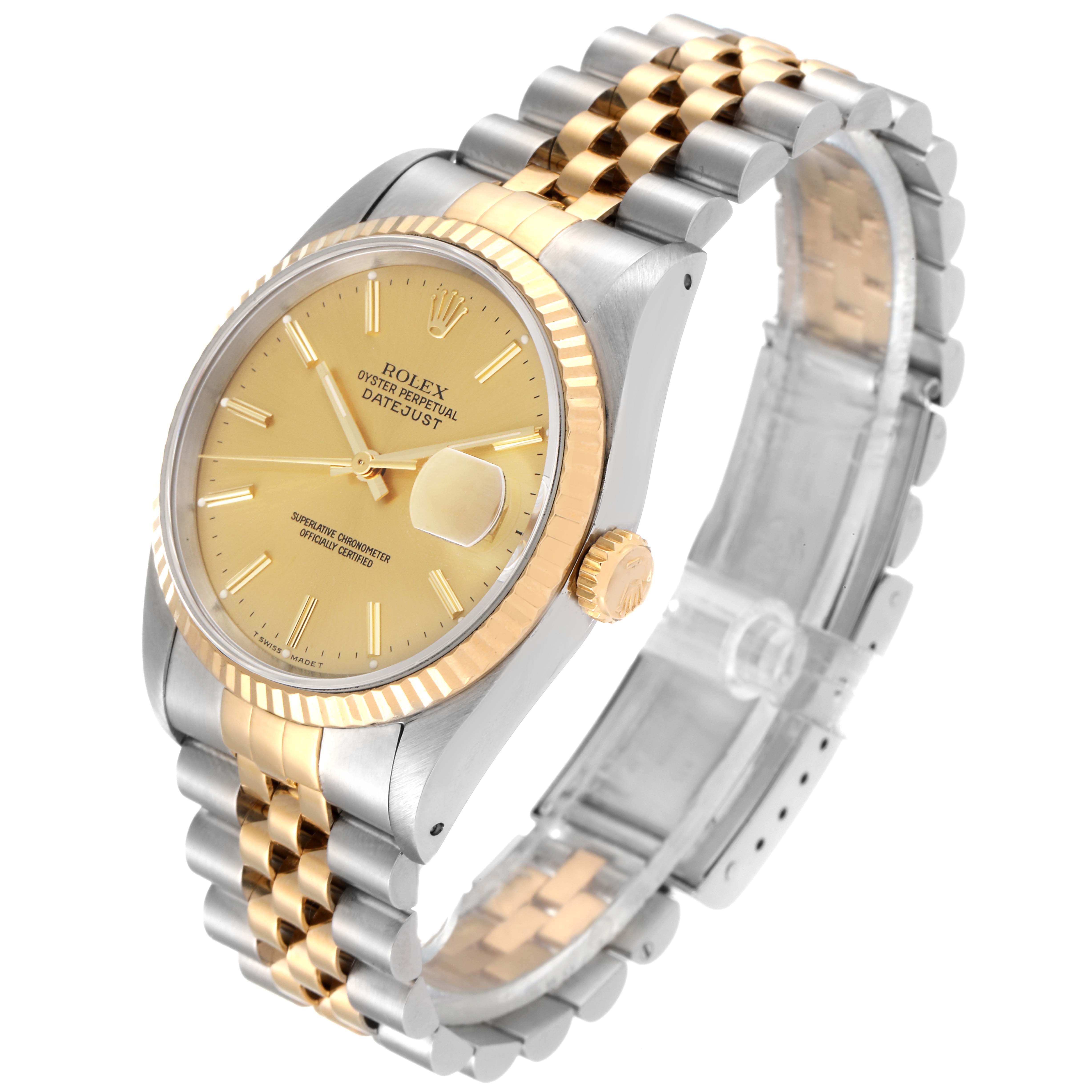 This image shows a Rolex Datejust 16233 Men's Steel and Gold (two tone) Champagne Dial 16233 Men's Steel and Gold (two tone) Champagne Dial watch from an angled side view, highlighting the dial, bracelet, and crown.