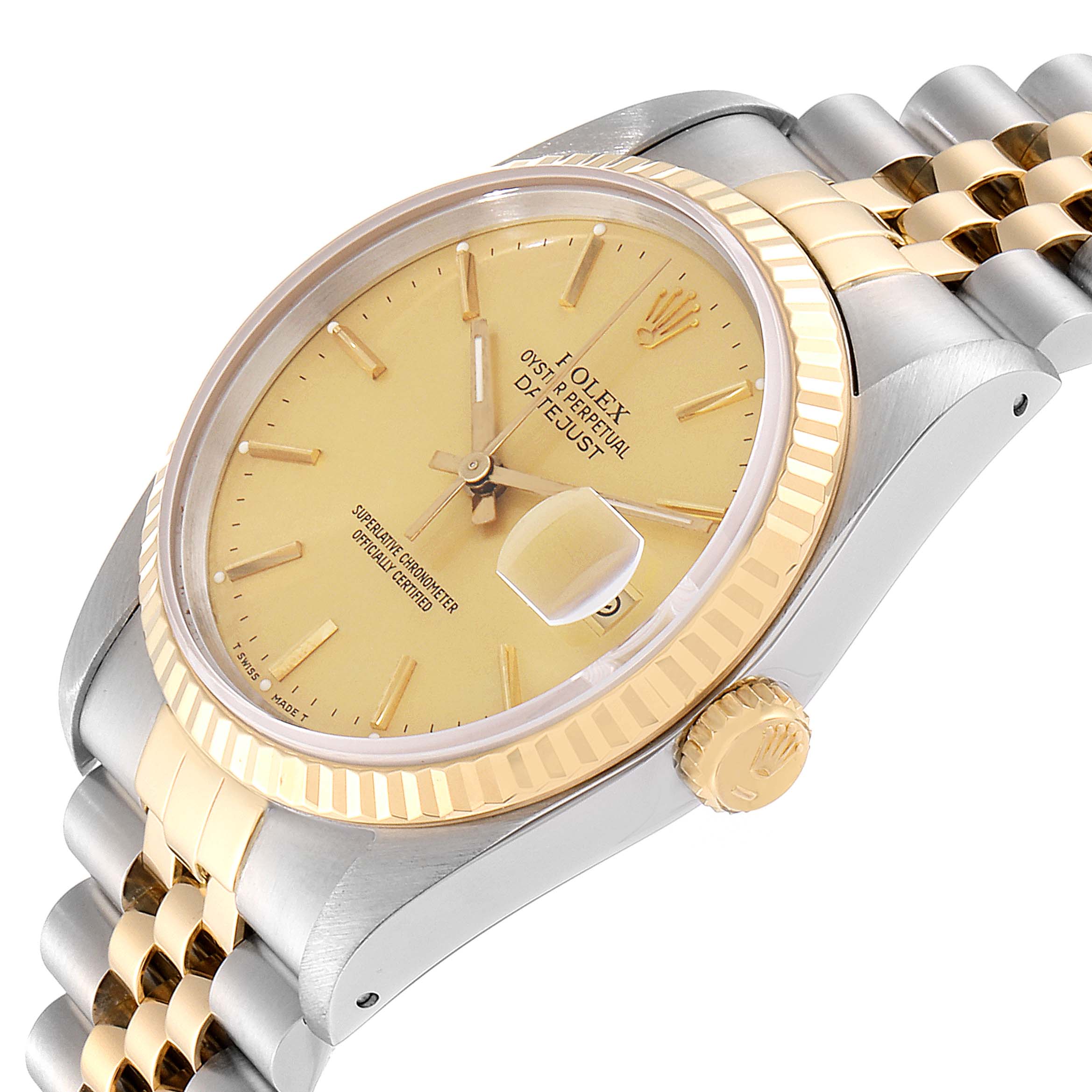 This image shows a side angle of the Rolex Datejust 16233 Men
s Steel and Gold (two tone) Champagne Dial 16233 Men
s Steel and Gold (two tone) Champagne Dial watch, highlighting its gold dial, fluted bezel, and jubilee bracelet.