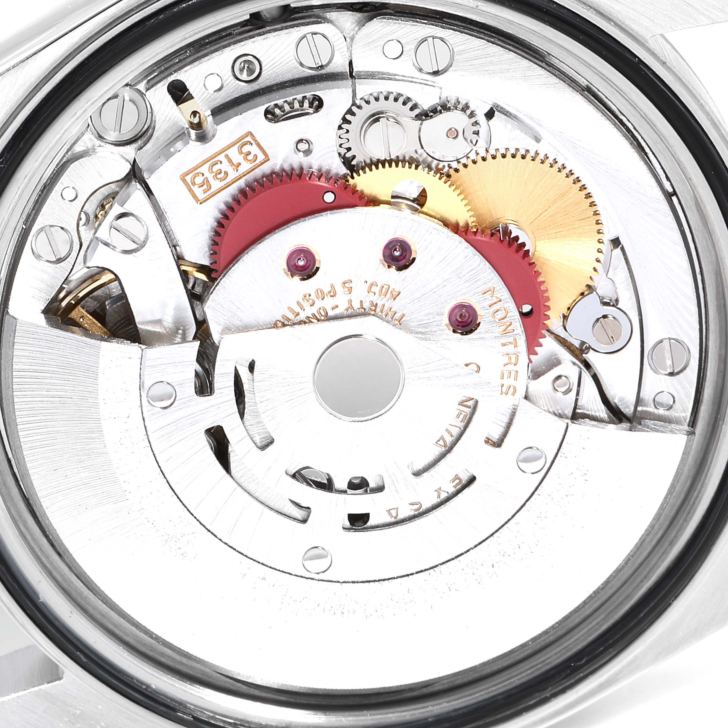 The image shows the internal movement mechanism of a Rolex Datejust 16233 Men
s Steel and Gold (two tone) Champagne Dial 16233 Men
s Steel and Gold (two tone) Champagne Dial watch from a close-up, top-down angle.