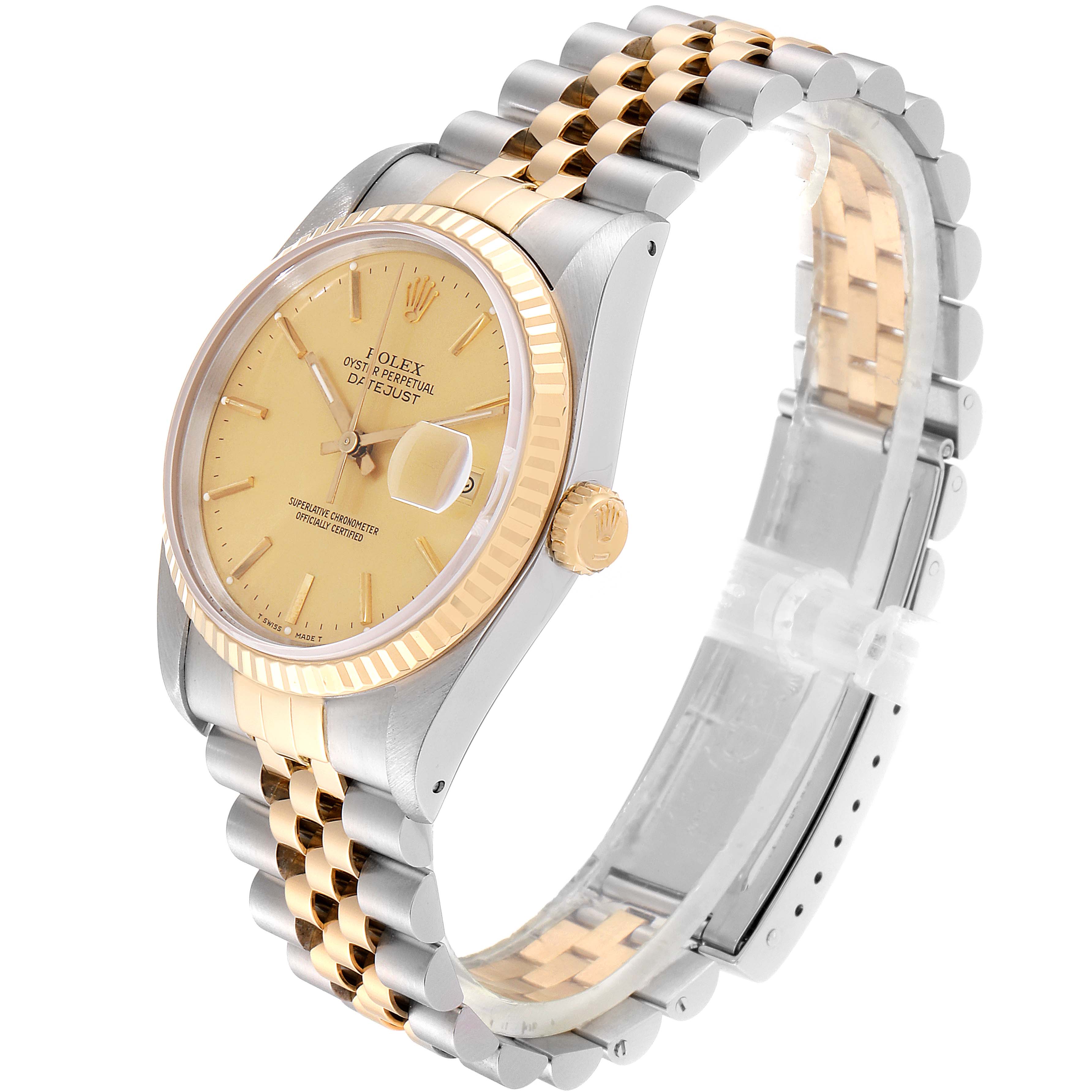 The Rolex Datejust 16233 Men
s Steel and Gold (two tone) Champagne Dial 16233 Men
s Steel and Gold (two tone) Champagne Dial watch is shown at a three-quarter angle, displaying the dial, bezel, crown, and bracelet.