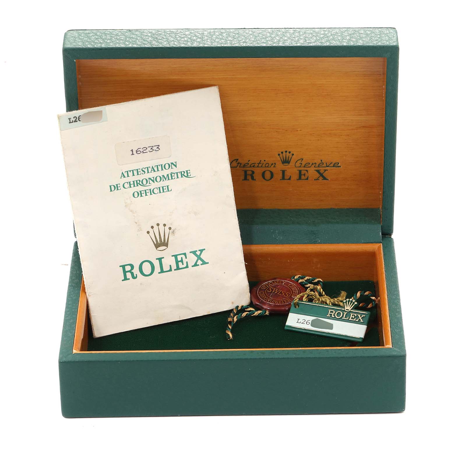 The image shows a Rolex Datejust 16233 Men
s Steel and Gold (two tone) Champagne Dial 16233 Men
s Steel and Gold (two tone) Champagne Dial watch box with an official chronometer certificate, hang tags, and accessories.