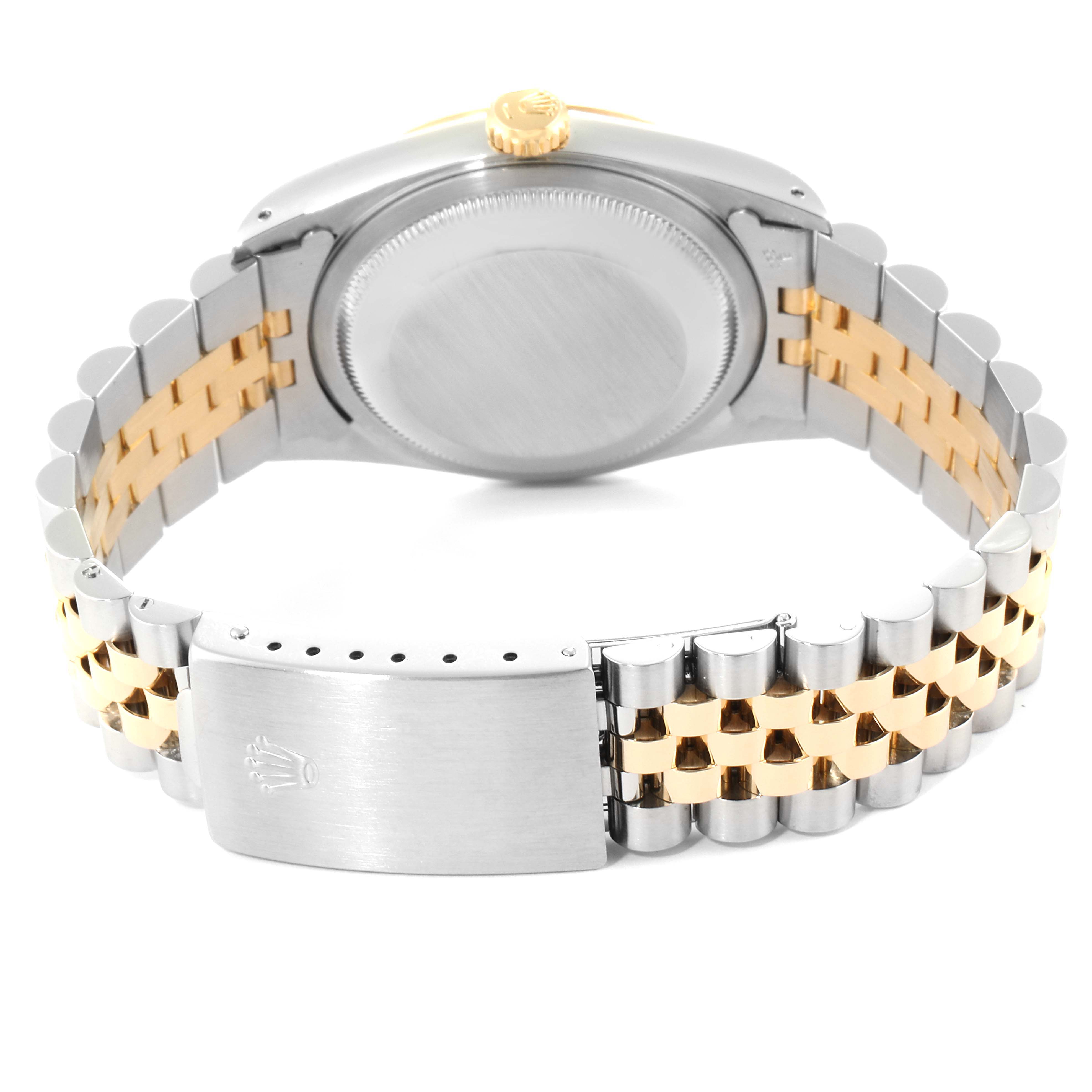 The image shows the back view of the Rolex Datejust 16233 Men
s Steel and Gold (two tone) Champagne Dial 16233 Men
s Steel and Gold (two tone) Champagne Dial watch, highlighting the case back and Jubilee bracelet with the clasp.