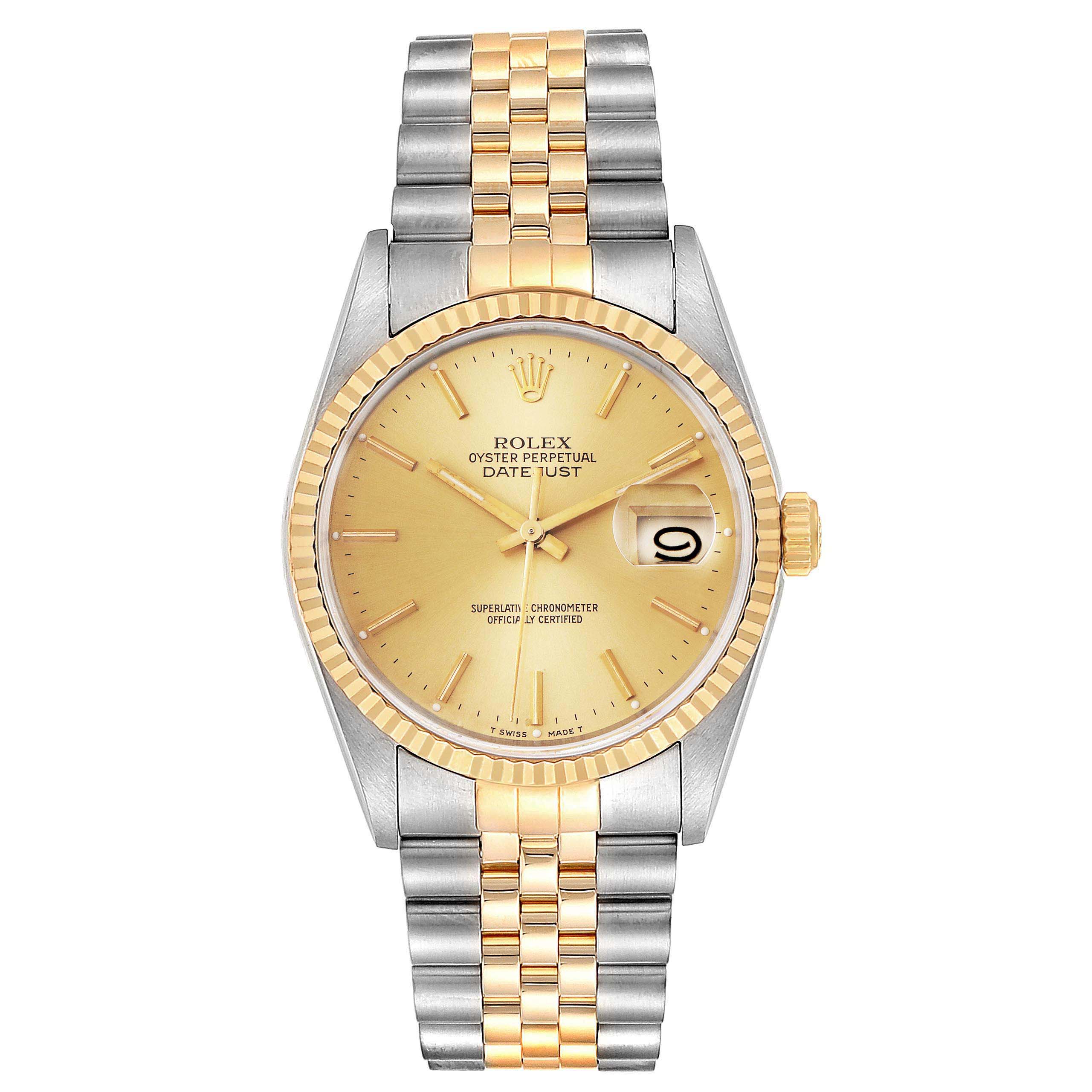 This Rolex Datejust 16233 Men
s Steel and Gold (two tone) Champagne Dial 16233 Men
s Steel and Gold (two tone) Champagne Dial model features a frontal view showing its gold dial, two-tone Jubilee bracelet, and Cyclops date window at 3 o
clock.