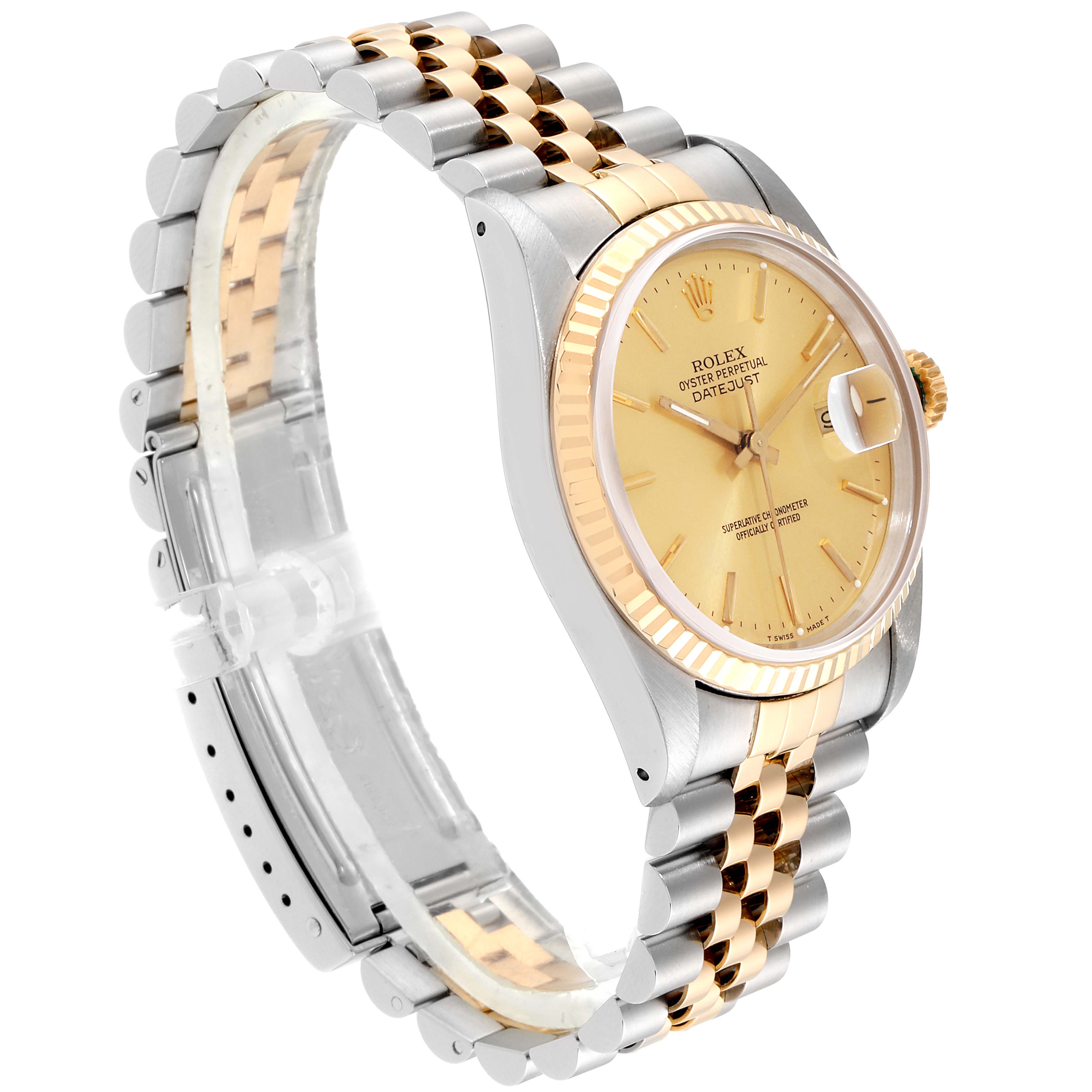 The image shows a Rolex Datejust 16233 Men
s Steel and Gold (two tone) Champagne Dial 16233 Men
s Steel and Gold (two tone) Champagne Dial watch at a side angle, highlighting the face, bezel, and Jubilee bracelet.