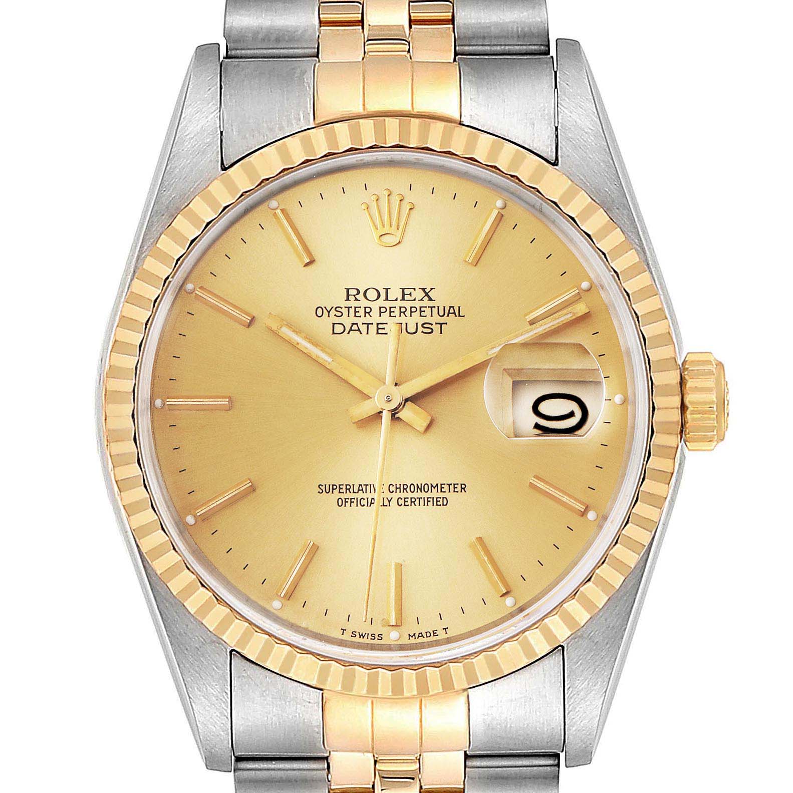 This image shows a frontal view of a Rolex Datejust 16233 Men
s Steel and Gold (two tone) Champagne Dial 16233 Men
s Steel and Gold (two tone) Champagne Dial watch, highlighting the face, bezel, and bracelet.