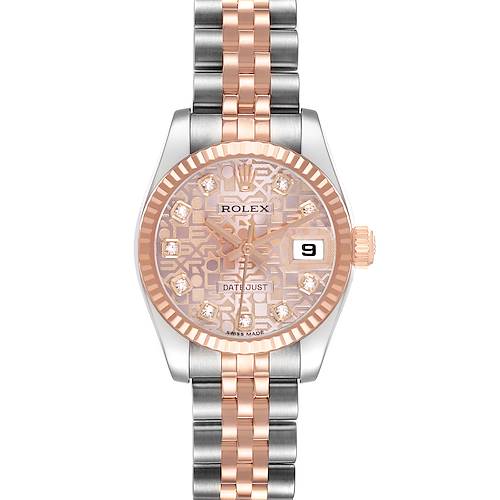 The Rolex Datejust 179171 Women's Stainless Steel Pink Dial watch is shown from a top-down view, displaying the face, bezel, crown, and bracelet.