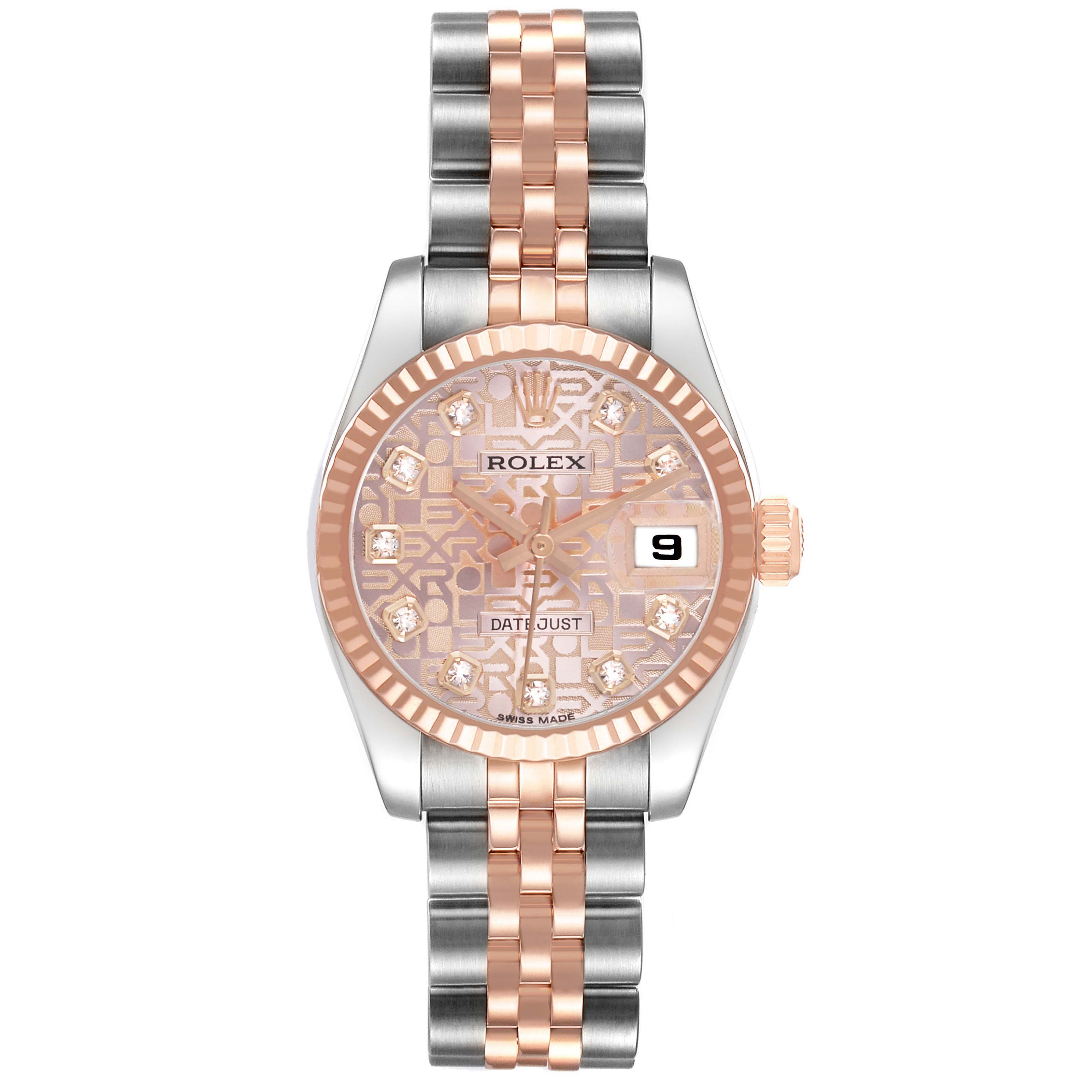 The Rolex Datejust 179171 Women's Stainless Steel Pink Dial watch is shown from a front angle, displaying the dial, bezel, crown, and bracelet.
