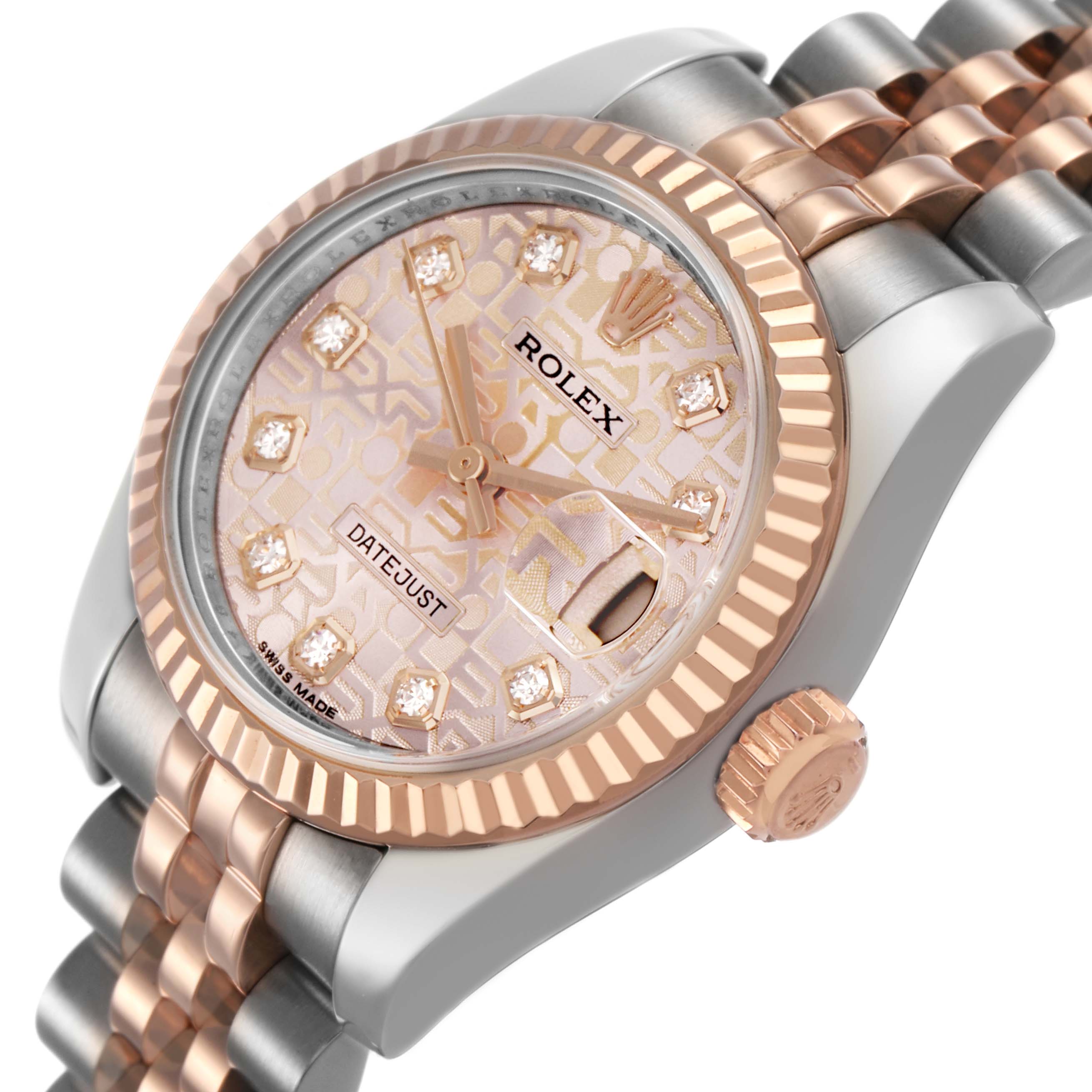 The Rolex Datejust 179171 Women's Stainless Steel Pink Dial watch is shown at a slight angle, highlighting the dial, bezel, and crown.