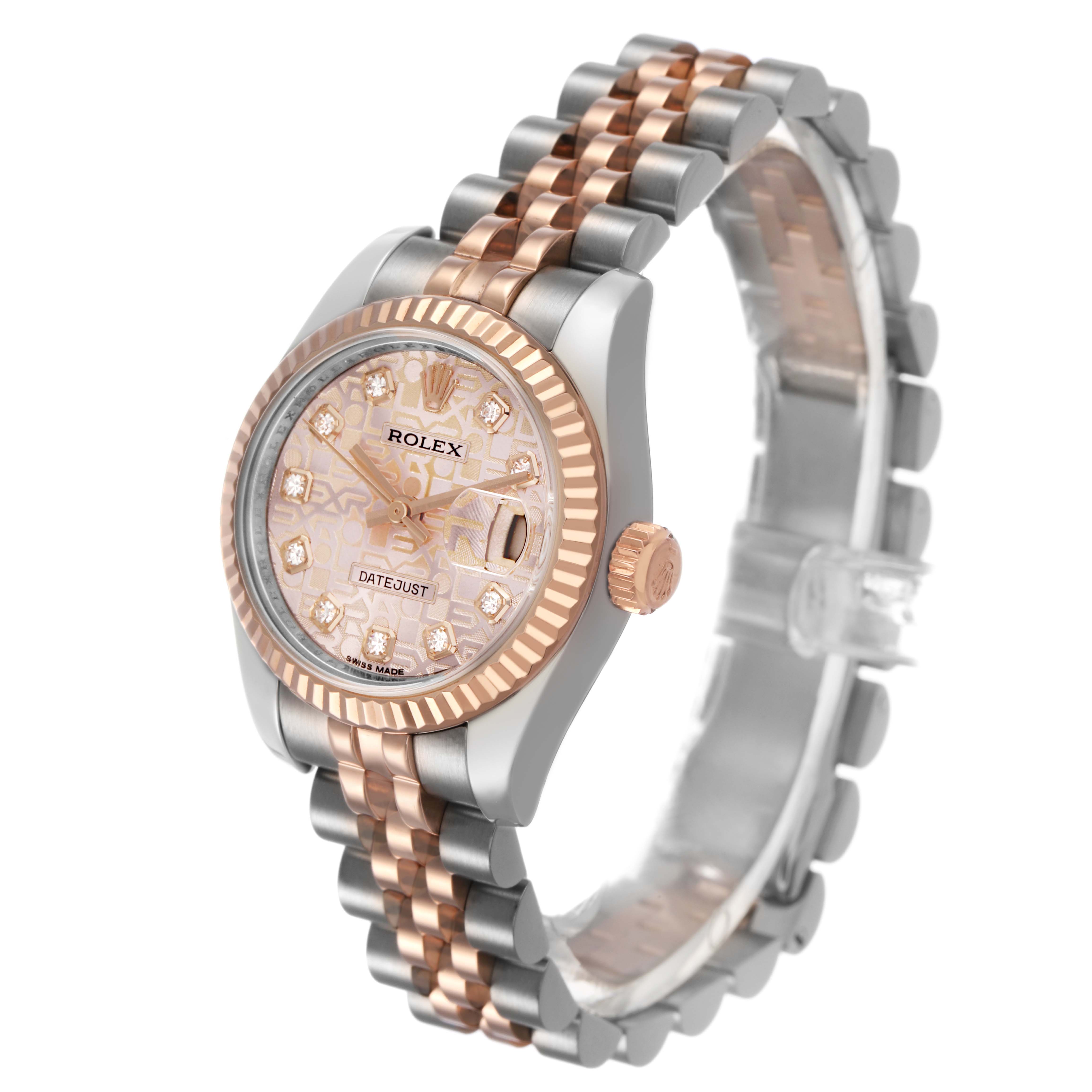 The Rolex Datejust 179171 Women's Stainless Steel Pink Dial watch is shown at a three-quarter angle, highlighting the dial, bezel, crown, and two-tone bracelet.
