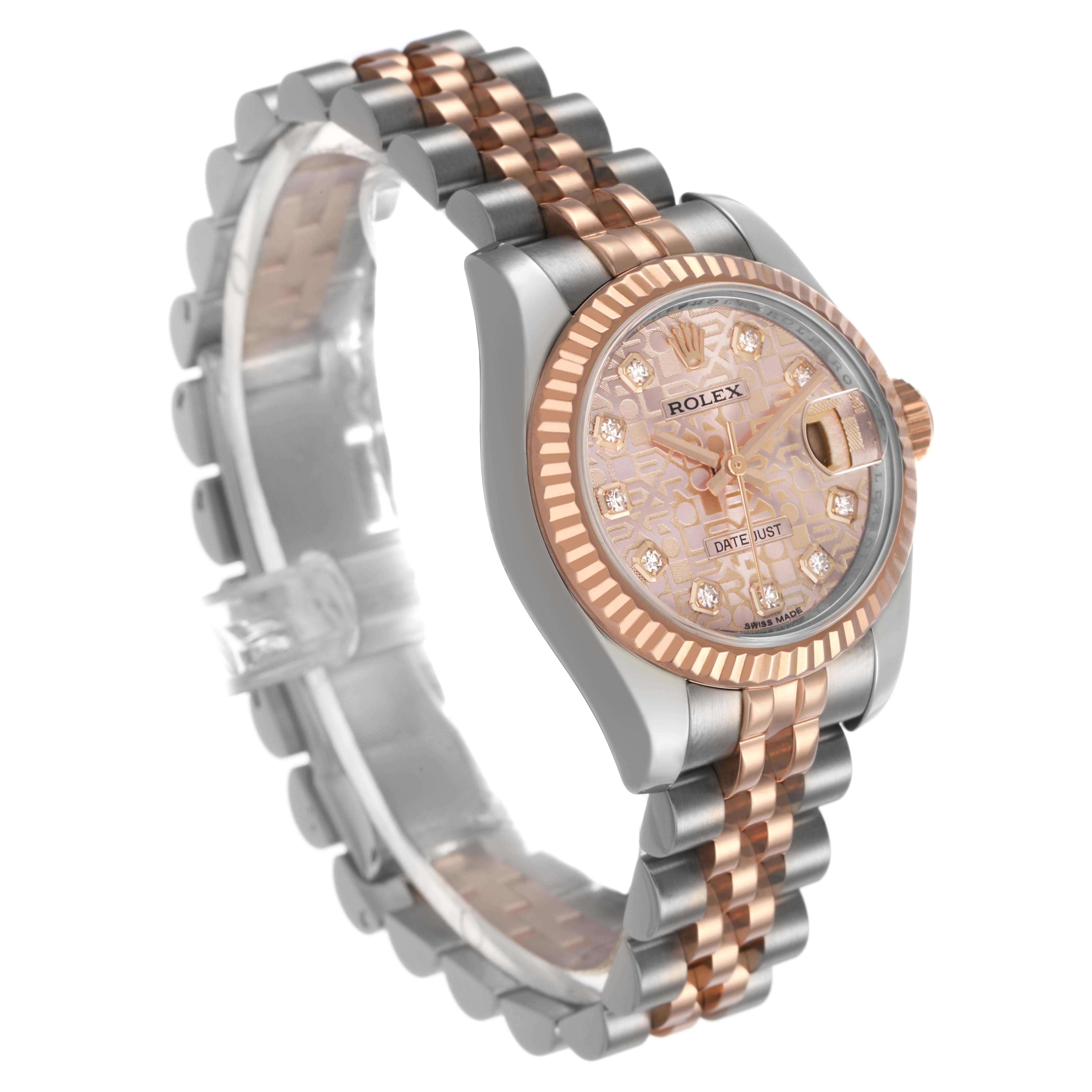 The Rolex Datejust 179171 Women's Stainless Steel Pink Dial watch is shown at a slight angle, highlighting the rose gold bezel, patterned dial, and two-tone bracelet.