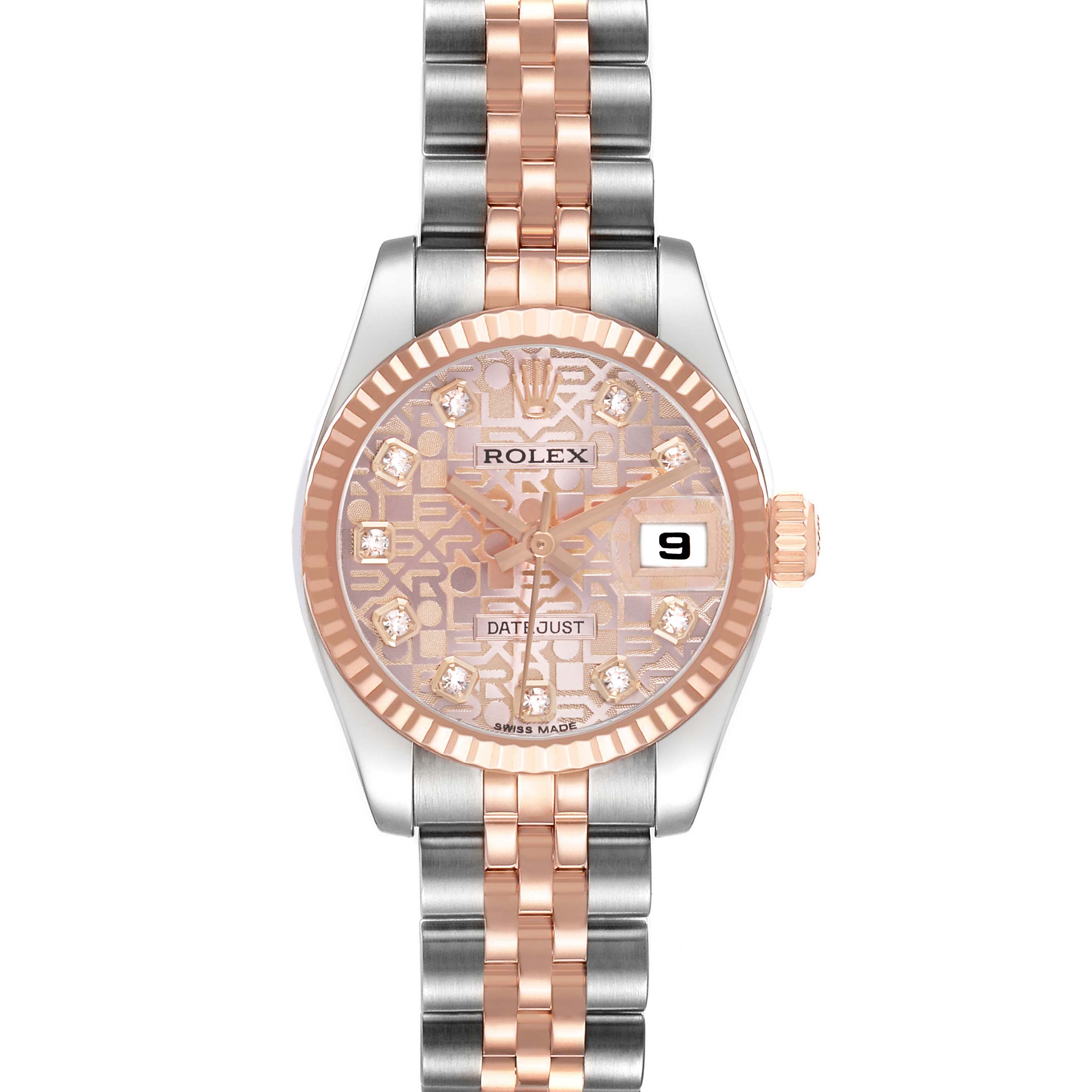 The Rolex Datejust 179171 Women's Stainless Steel Pink Dial watch is shown from the front, highlighting the dial, bezel, and two-tone bracelet.
