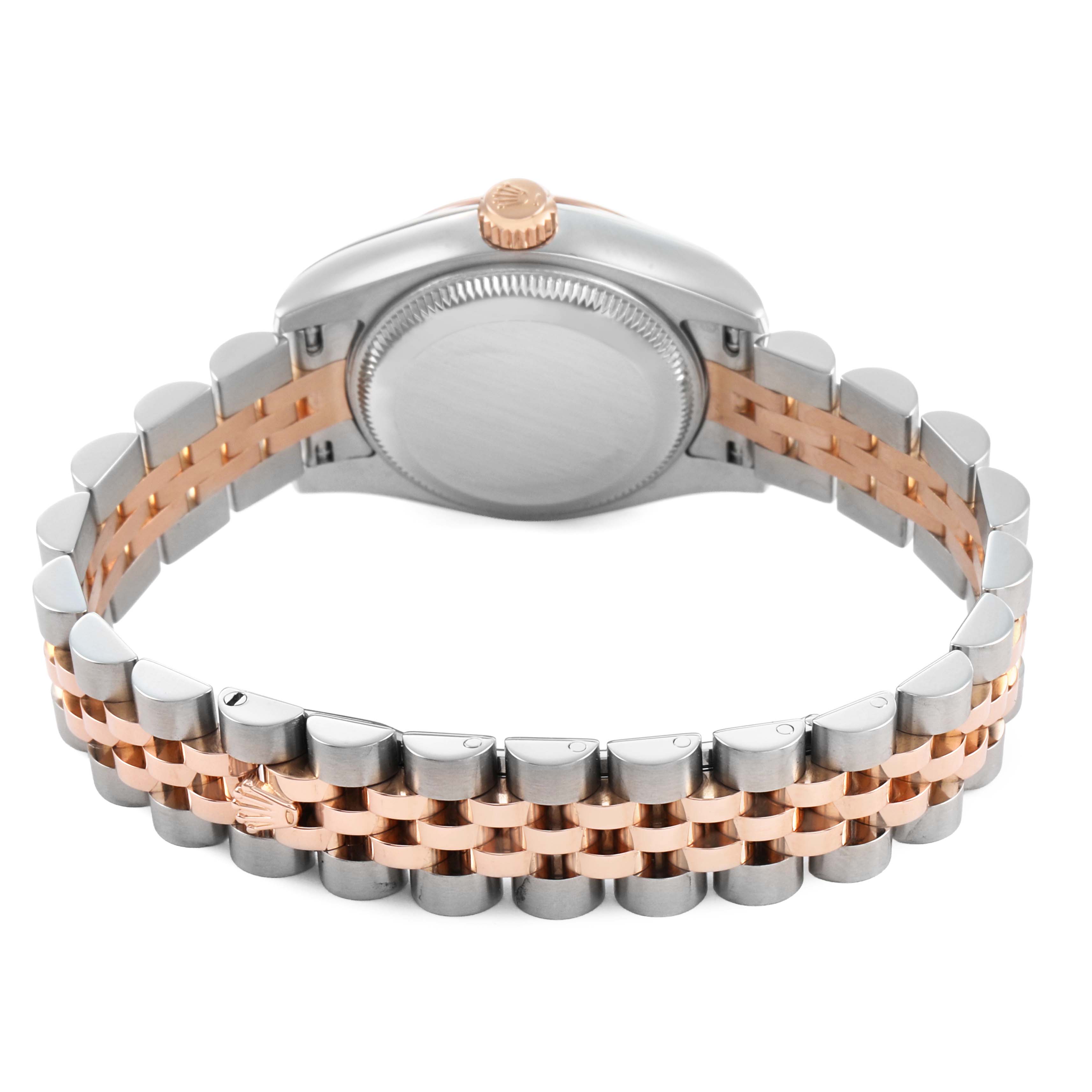 The image shows the back and bracelet of a Rolex Datejust 179171 Women's Stainless Steel Pink Dial watch, highlighting its two-tone metal design.