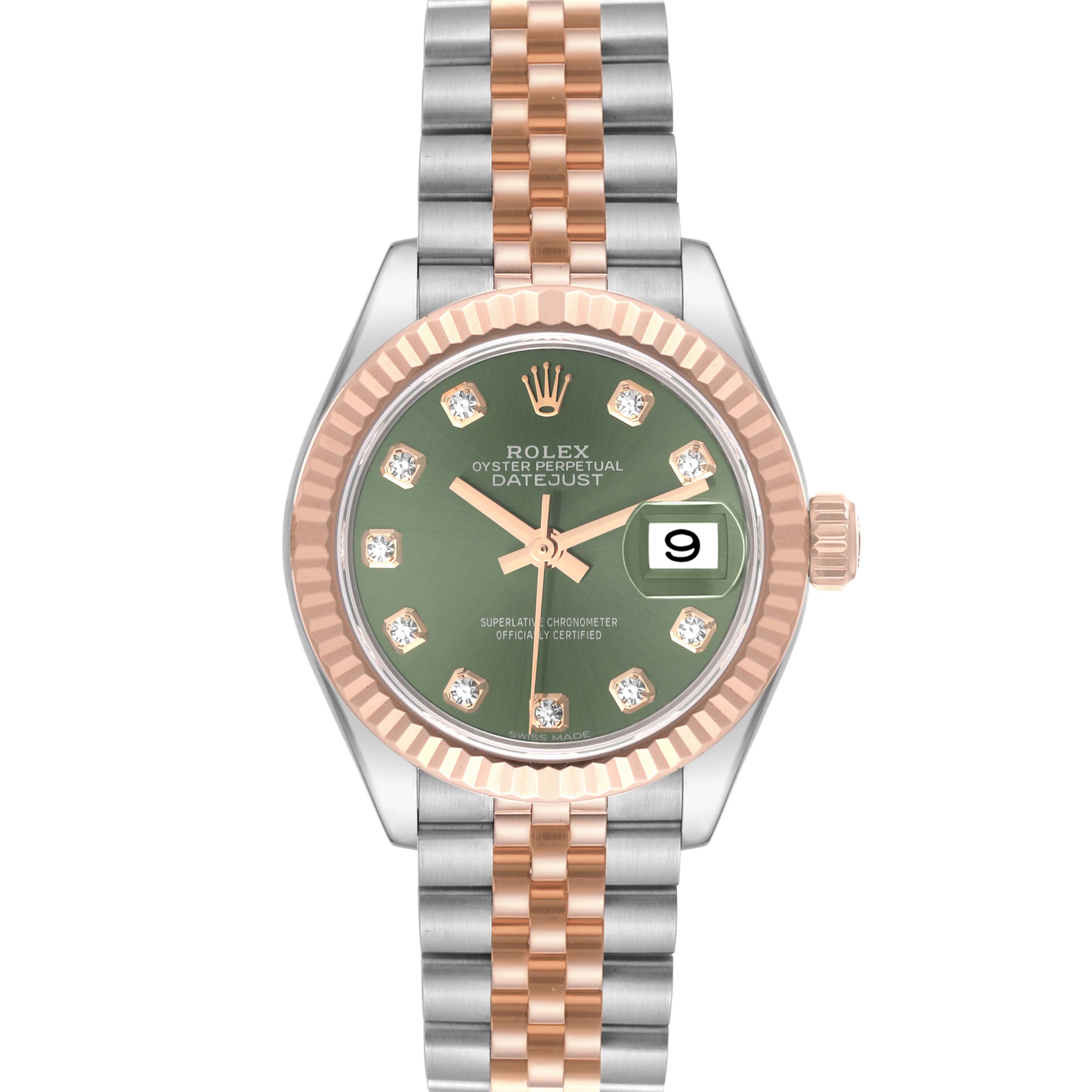 This image shows a Rolex Datejust 279171 Women's Steel and Gold (two tone) Green Dial 279171 Women's Steel and Gold (two tone) Green Dial watch with a green dial, diamond hour markers, and a two-tone metal bracelet from a front view.