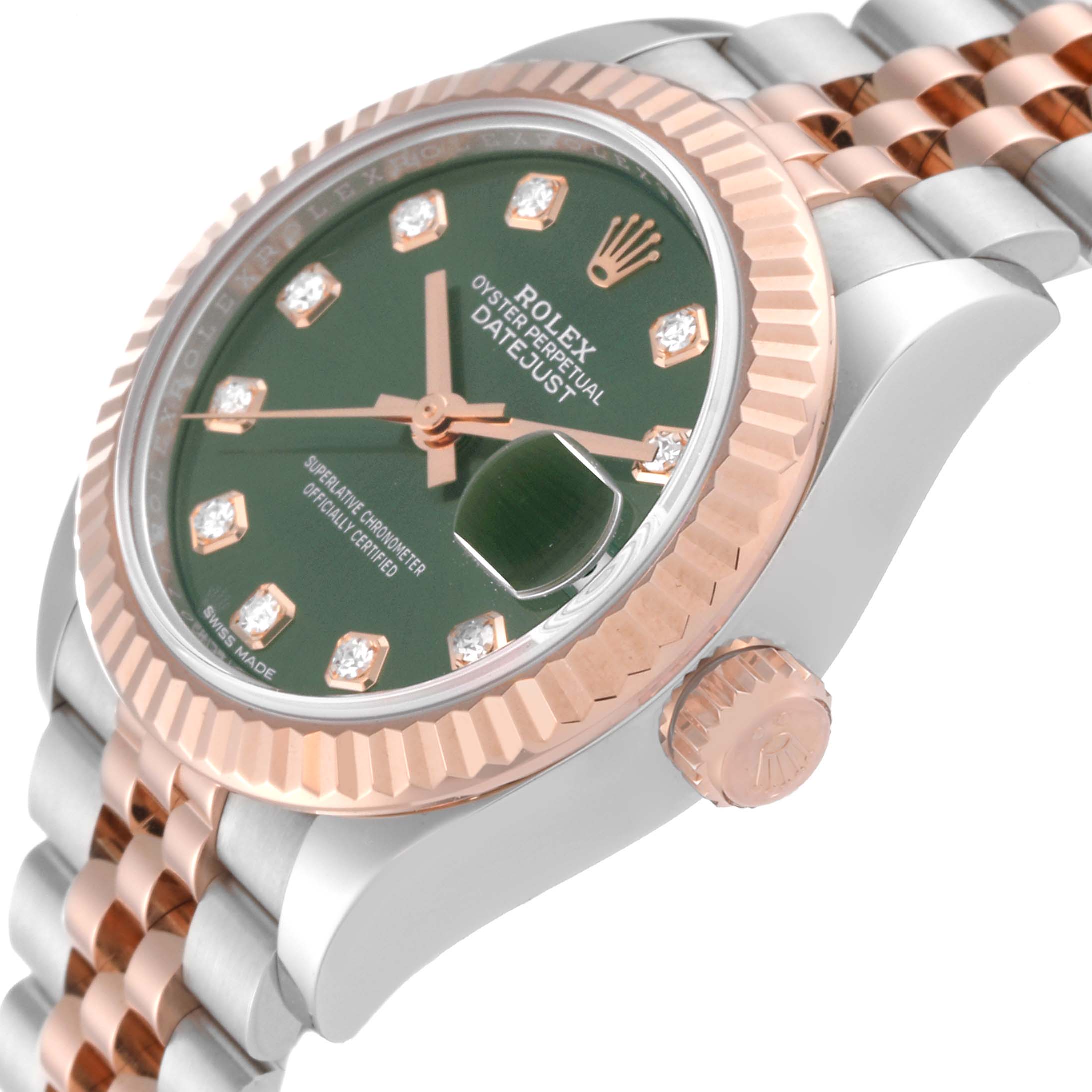 This image shows a side view of the Rolex Datejust 279171 Women's Steel and Gold (two tone) Green Dial 279171 Women's Steel and Gold (two tone) Green Dial watch, highlighting the dial, fluted bezel, crown, and bracelet.