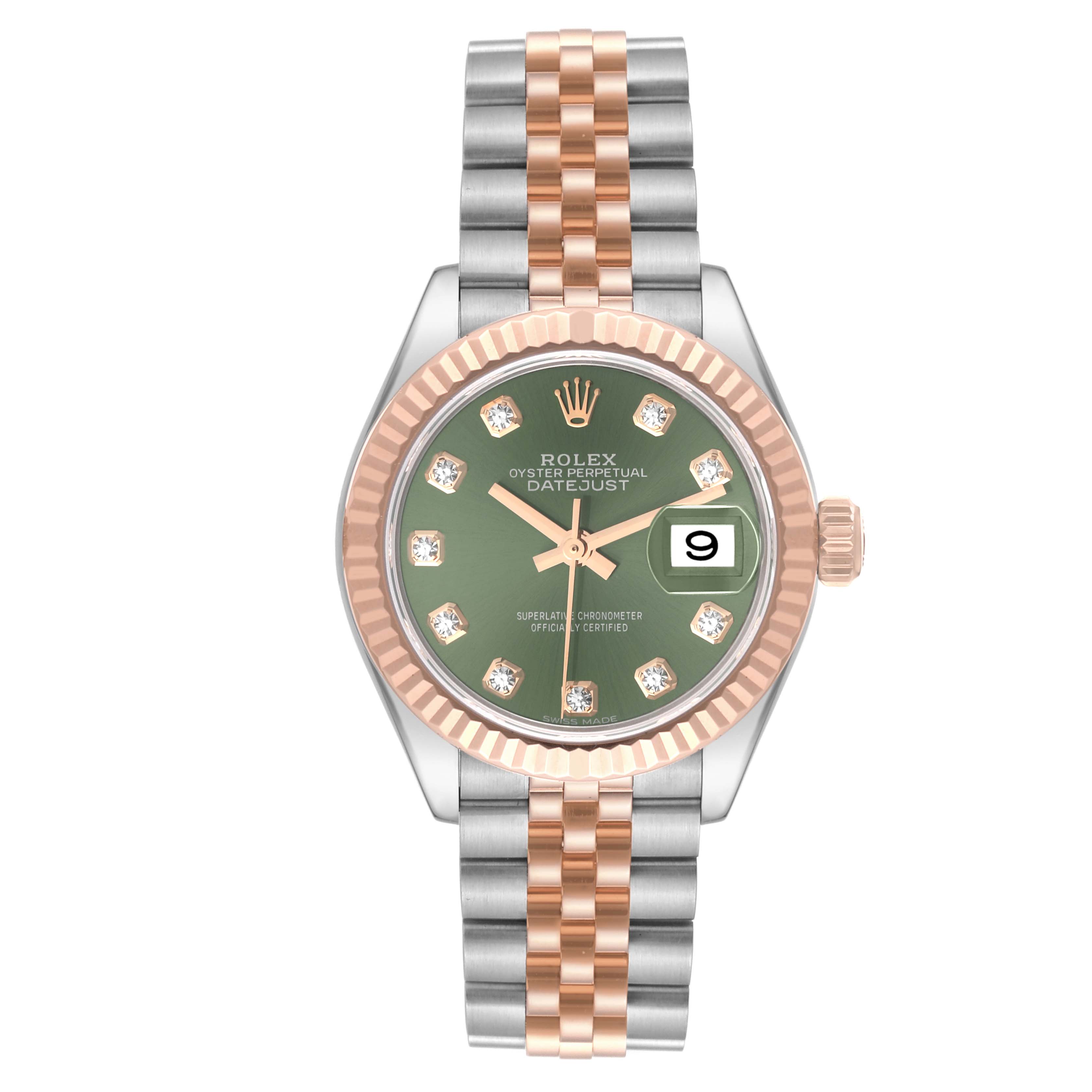 This image shows a front view of a Rolex Datejust 279171 Women's Steel and Gold (two tone) Green Dial 279171 Women's Steel and Gold (two tone) Green Dial watch, featuring a green dial, diamond hour markers, and a two-tone bracelet.