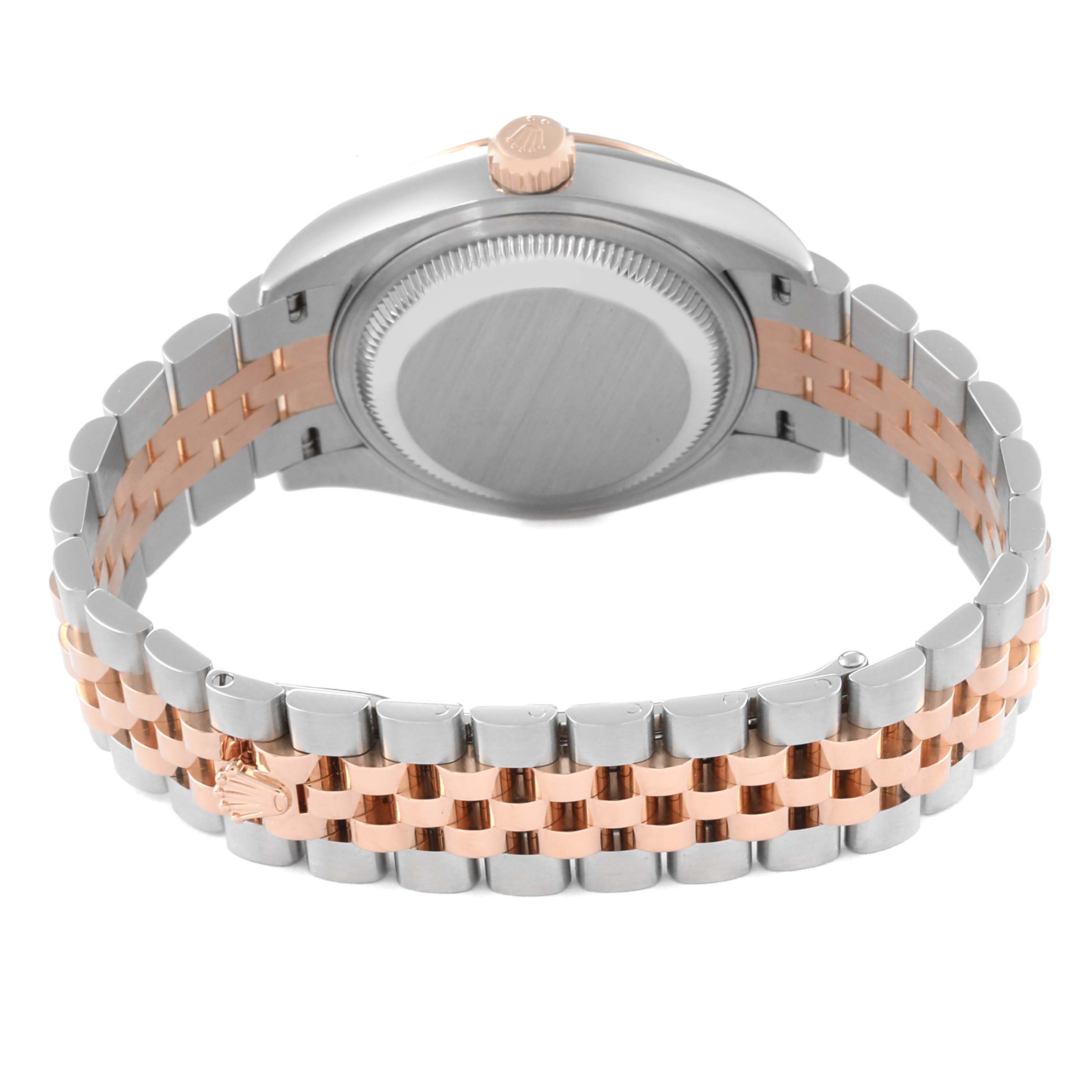 The image shows the back view of a Rolex Datejust 279171 Women's Steel and Gold (two tone) Green Dial 279171 Women's Steel and Gold (two tone) Green Dial watch, displaying the case back, crown, and two-tone bracelet.