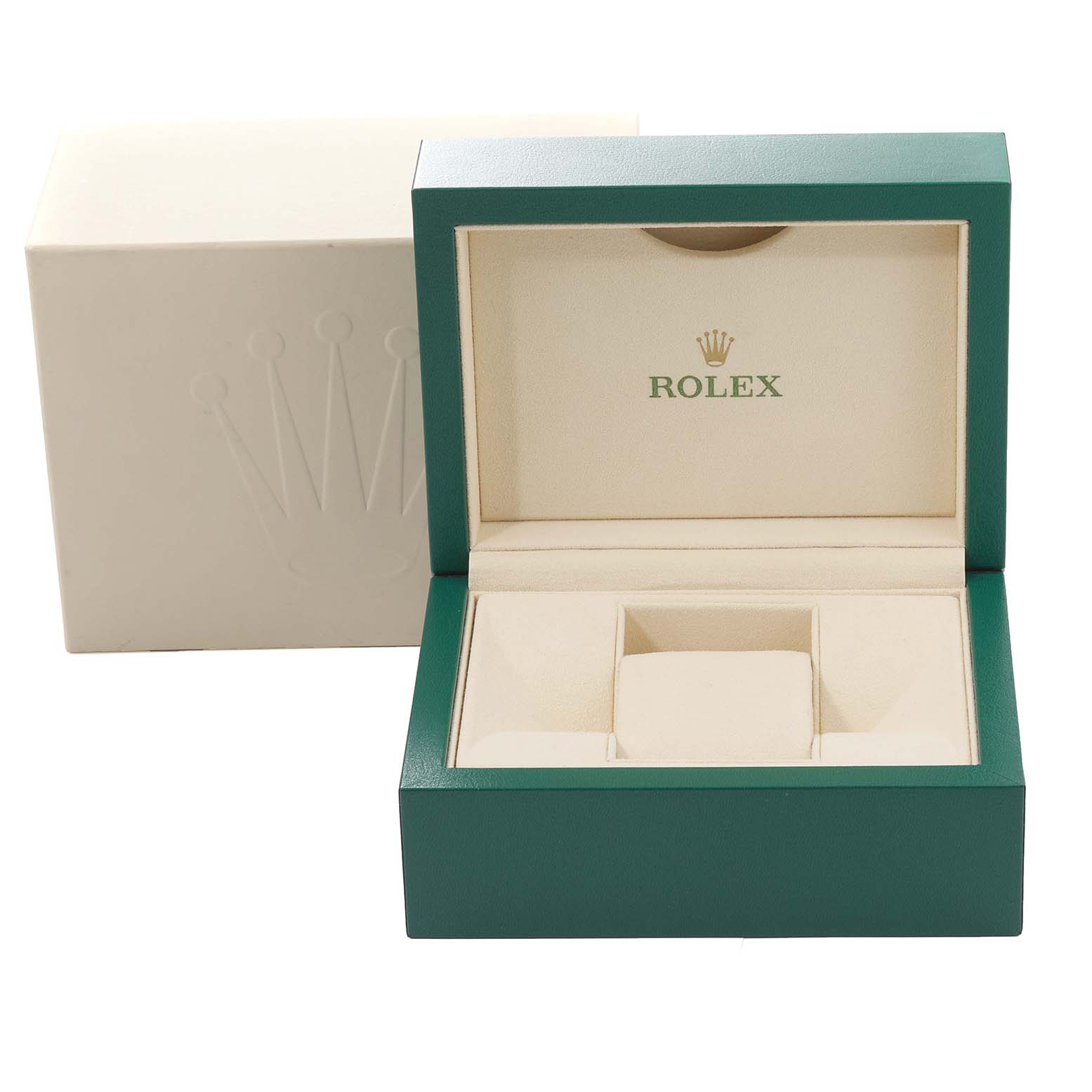The image shows an open green and beige Rolex Datejust 279171 Women's Steel and Gold (two tone) Green Dial 279171 Women's Steel and Gold (two tone) Green Dial watch box, displaying its interior compartments.