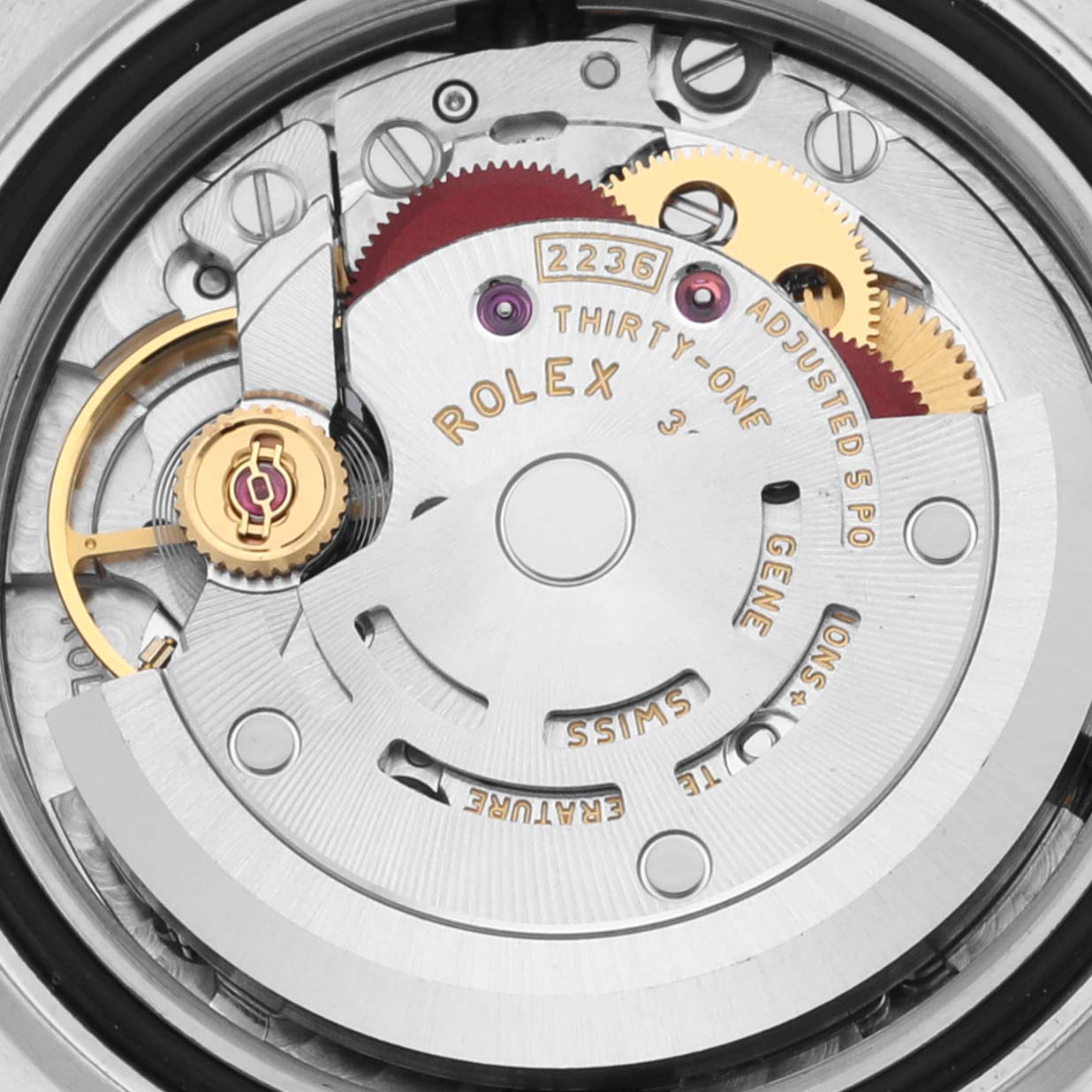 The image shows a close-up view of the Rolex Datejust 279171 Women's Steel and Gold (two tone) Green Dial 279171 Women's Steel and Gold (two tone) Green Dial movement, specifically the inner mechanism and gears.