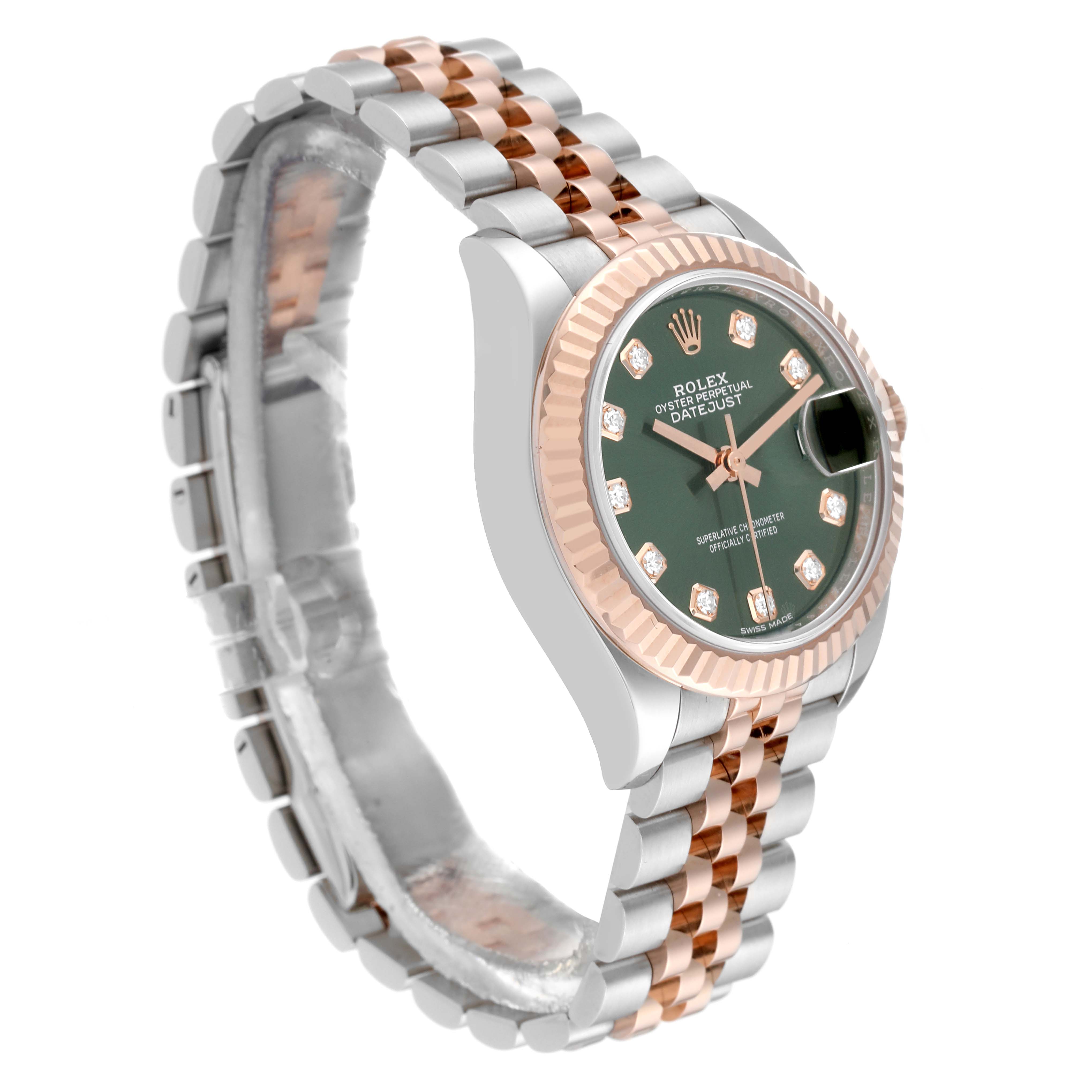 The image shows a Rolex Datejust 279171 Women's Steel and Gold (two tone) Green Dial 279171 Women's Steel and Gold (two tone) Green Dial watch at an angled view, highlighting the green dial, diamond hour markers, two-tone bracelet, and fluted bezel.