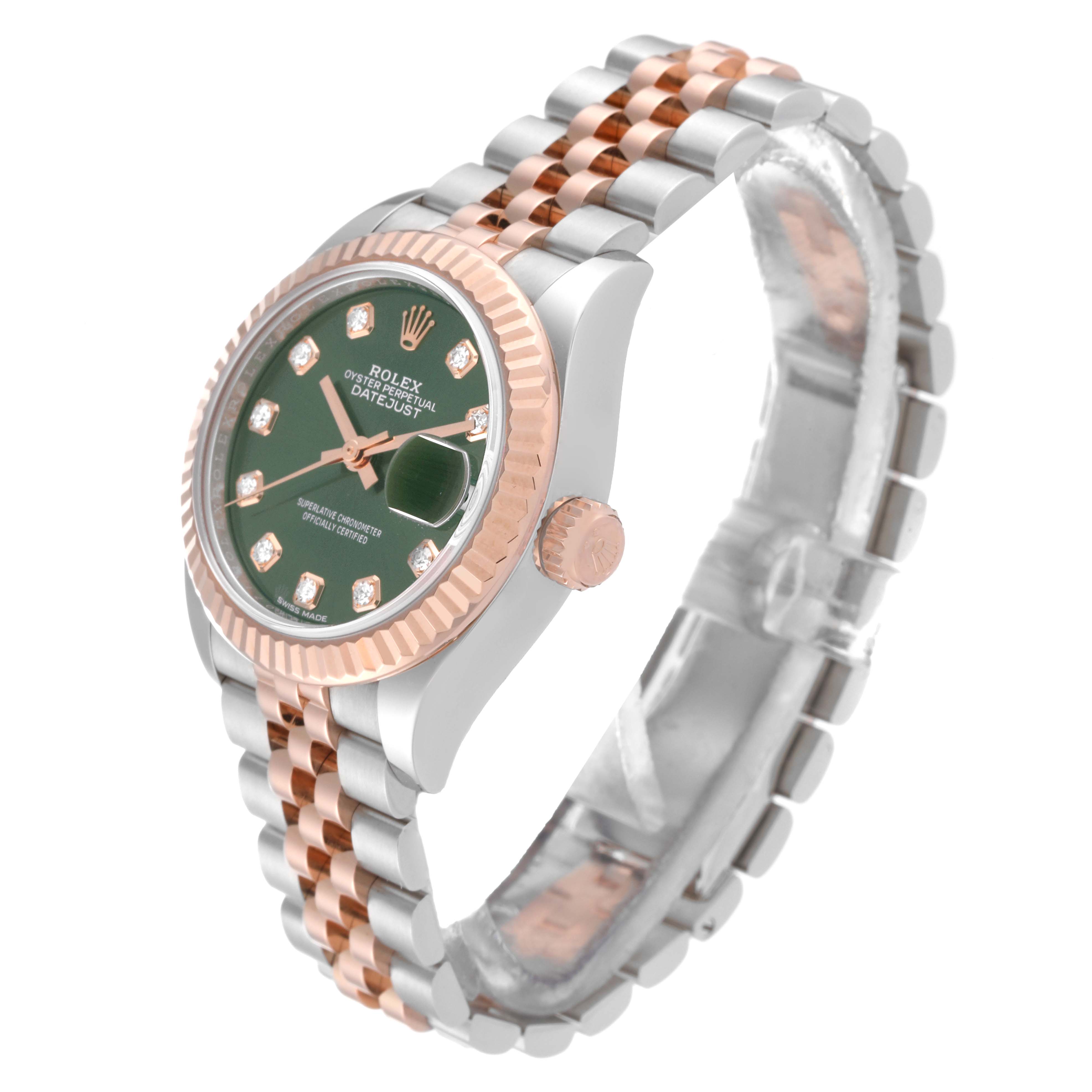 This image shows a Rolex Datejust 279171 Women's Steel and Gold (two tone) Green Dial 279171 Women's Steel and Gold (two tone) Green Dial watch at an angle, highlighting its face, bezel, crown, and two-tone bracelet.