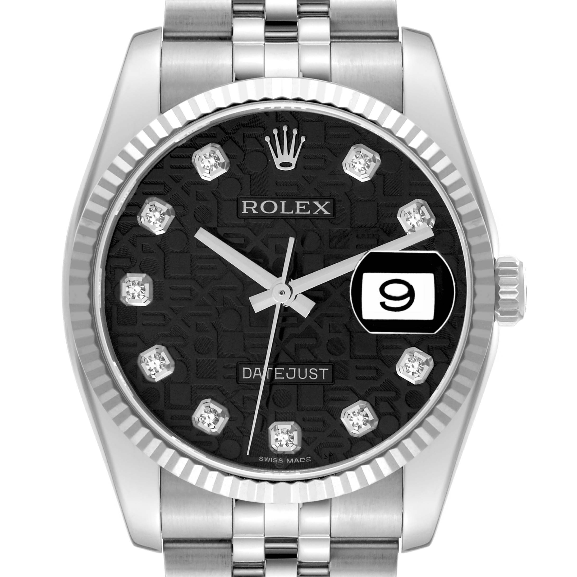 This image shows a frontal view of a Rolex Datejust 116234 Men's Stainless Steel Black Dial 116234 Men's Stainless Steel Black Dial watch highlighting its black dial, date display, and stainless steel bracelet.