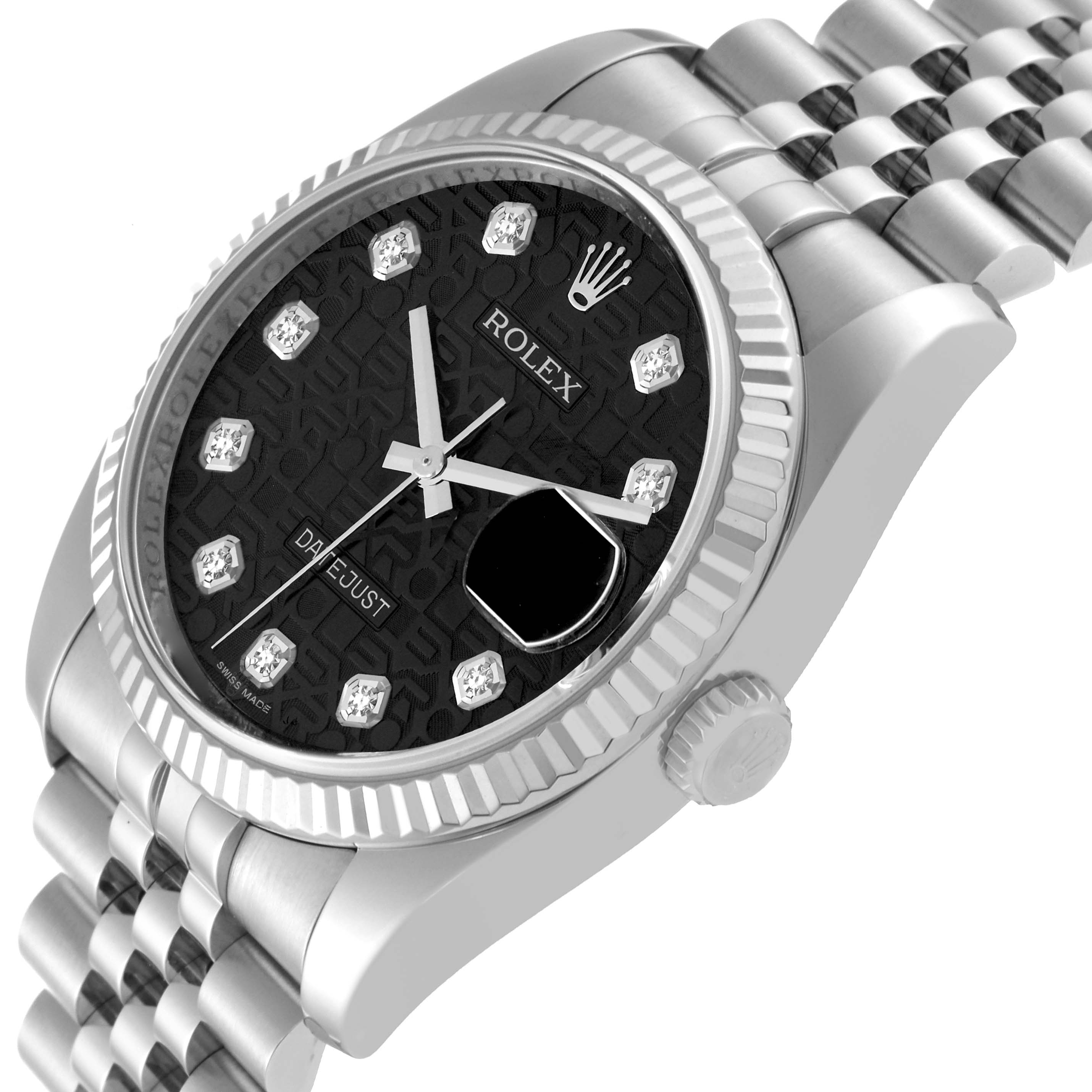 The image shows a close-up angled view of the Rolex Datejust 116234 Men's Stainless Steel Black Dial 116234 Men's Stainless Steel Black Dial watch, displaying its dial, bezel, and part of the bracelet.