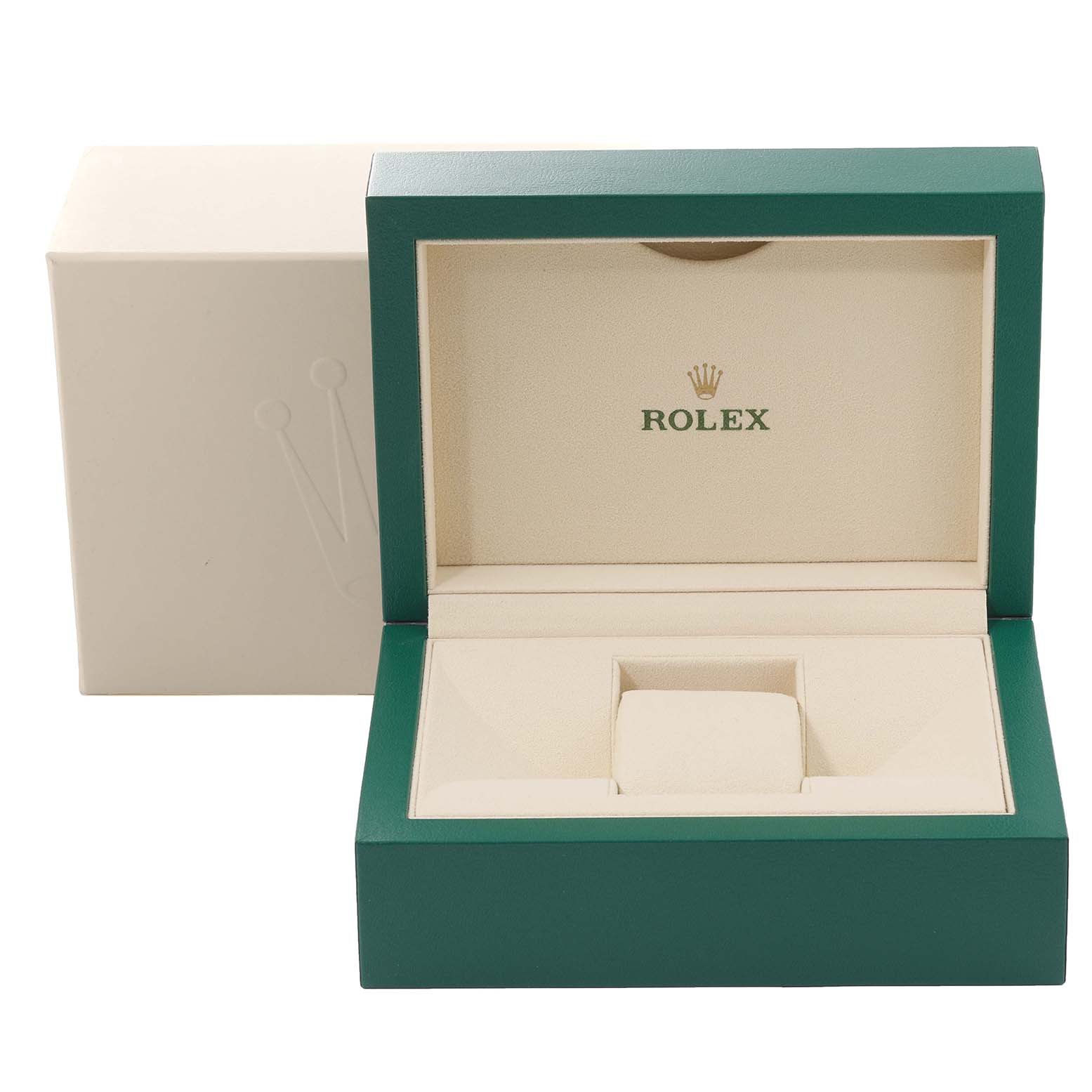 The image shows the open presentation box for a Rolex Datejust 116234 Men's Stainless Steel Black Dial 116234 Men's Stainless Steel Black Dial watch, displaying its interior cushion and branding.