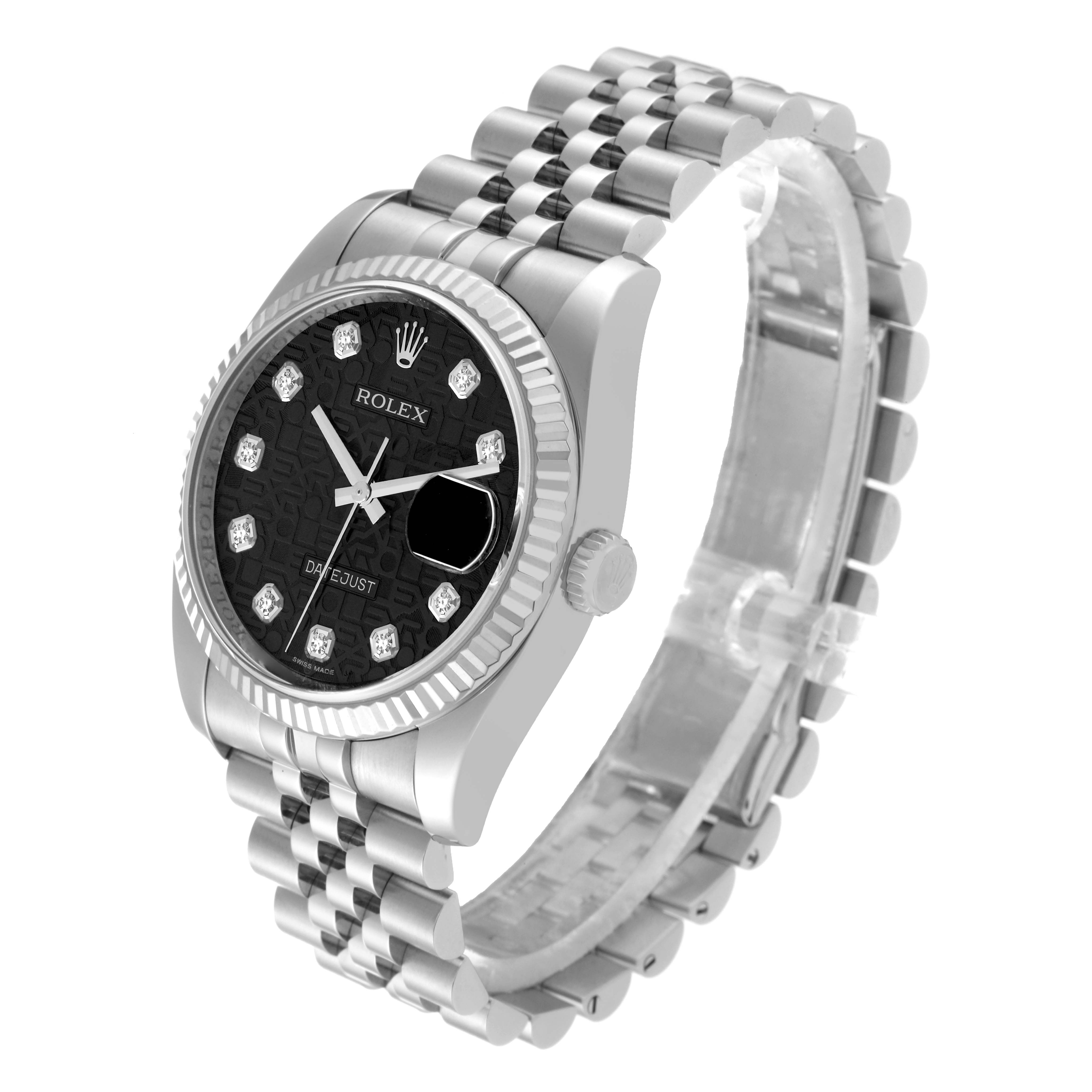 This Rolex Datejust 116234 Men's Stainless Steel Black Dial 116234 Men's Stainless Steel Black Dial watch is shown from a three-quarter angle, displaying its black dial, fluted bezel, crown, and Jubilee bracelet.