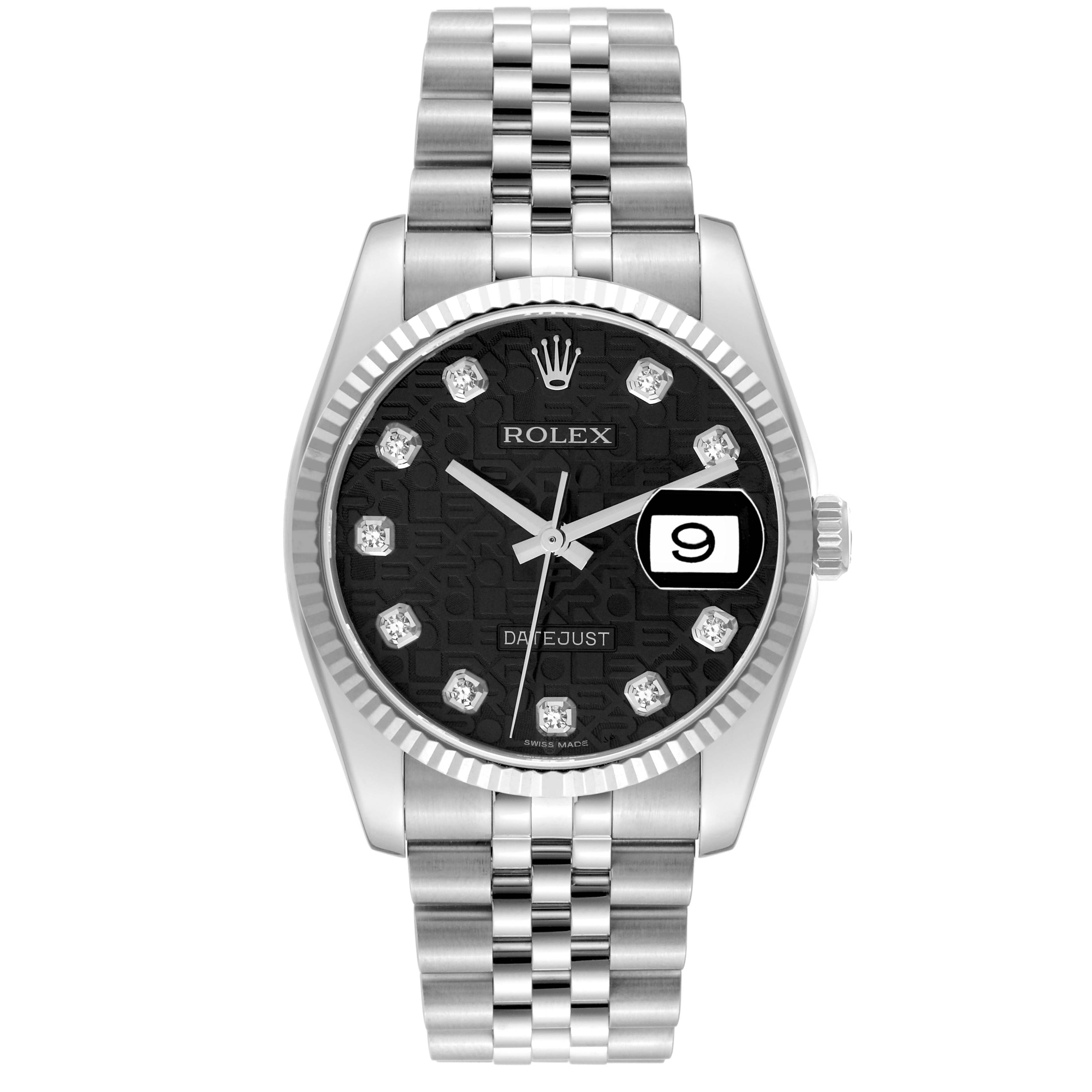 The Rolex Datejust 116234 Men's Stainless Steel Black Dial 116234 Men's Stainless Steel Black Dial watch is shown from a front angle, displaying its dial, bezel, bracelet, and crown.