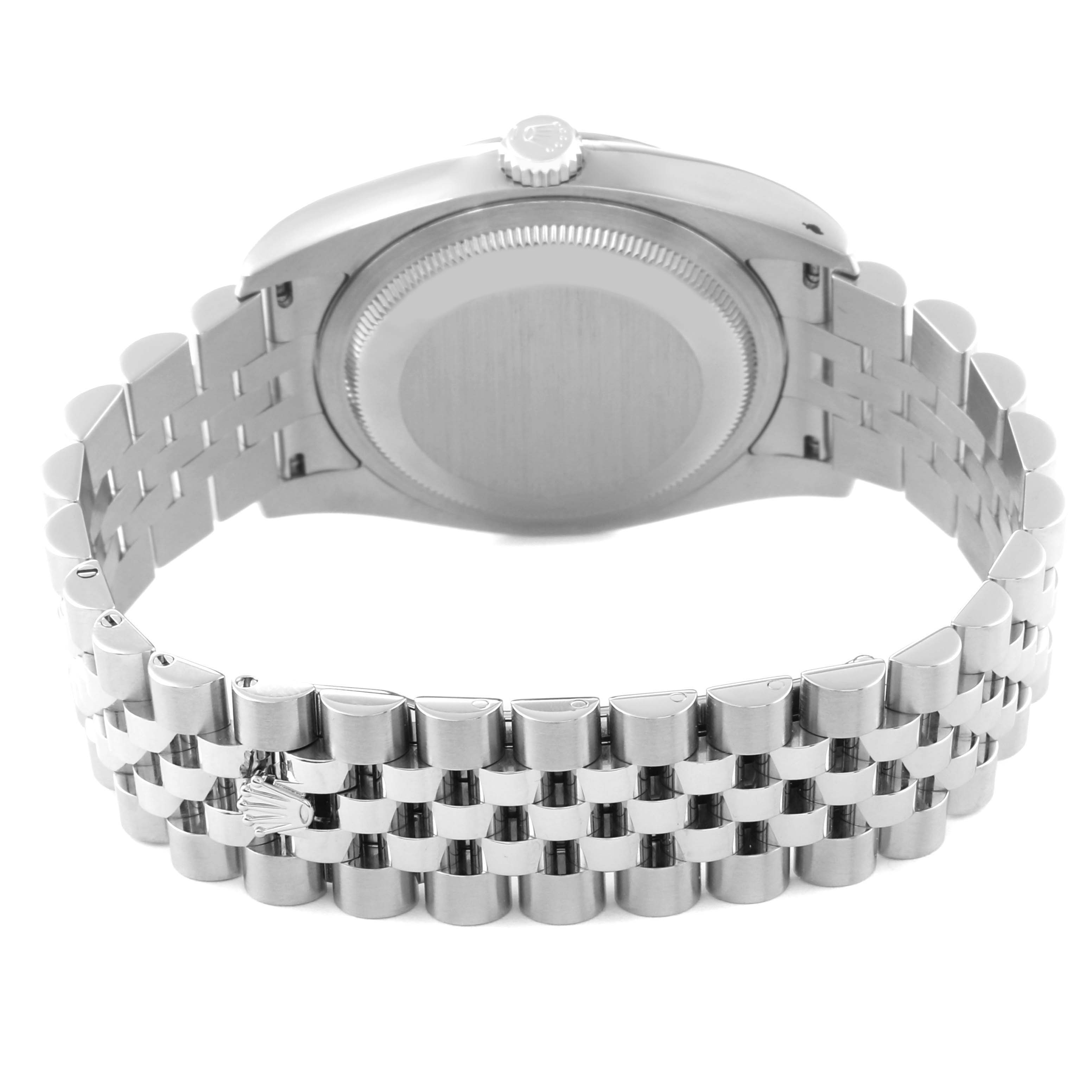 The image shows the back of a Rolex Datejust 116234 Men's Stainless Steel Black Dial 116234 Men's Stainless Steel Black Dial watch, including its caseback and jubilee bracelet with the clasp and crown logo visible.