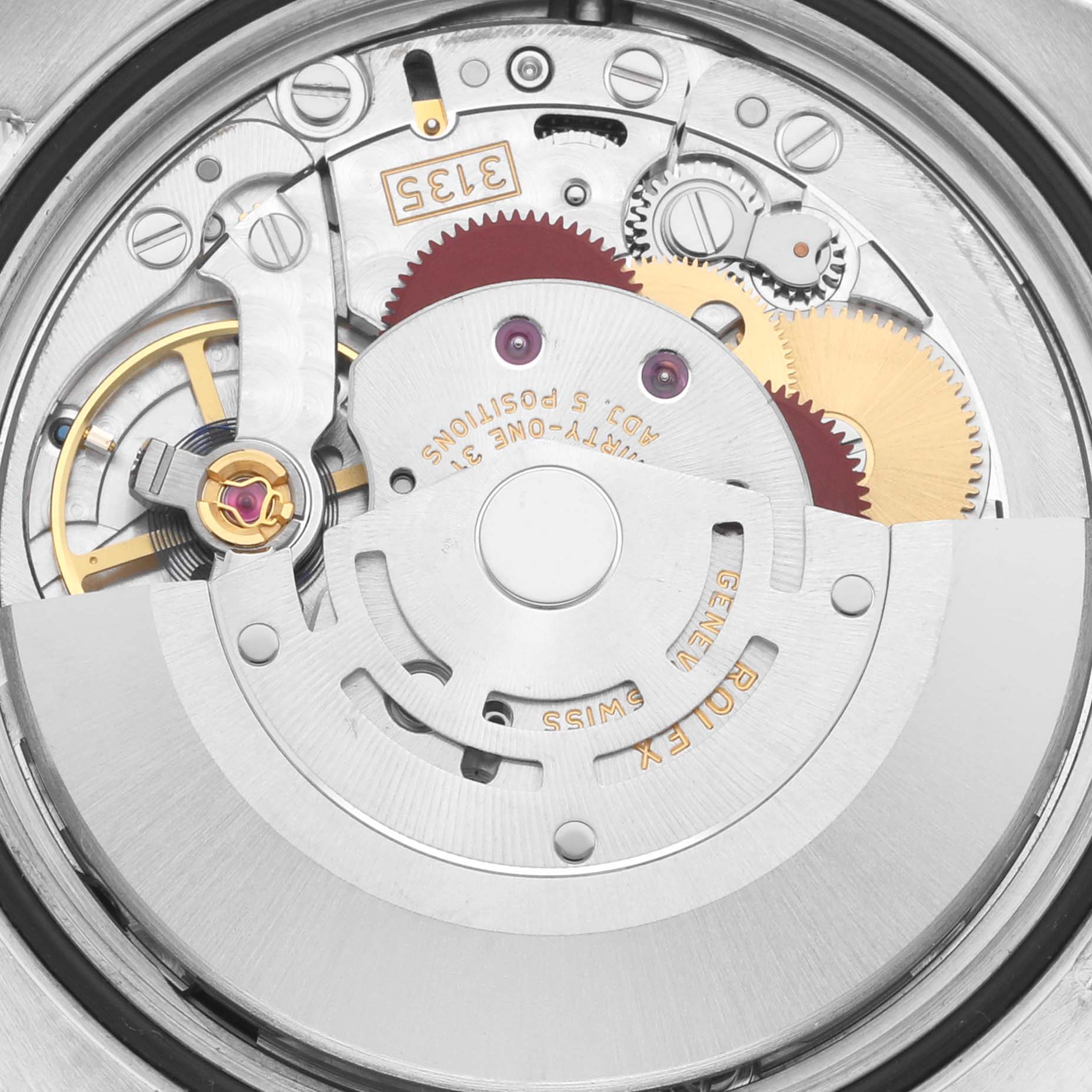 This image shows a close-up view of the movement mechanism of a Rolex Datejust 116234 Men's Stainless Steel Black Dial 116234 Men's Stainless Steel Black Dial watch.