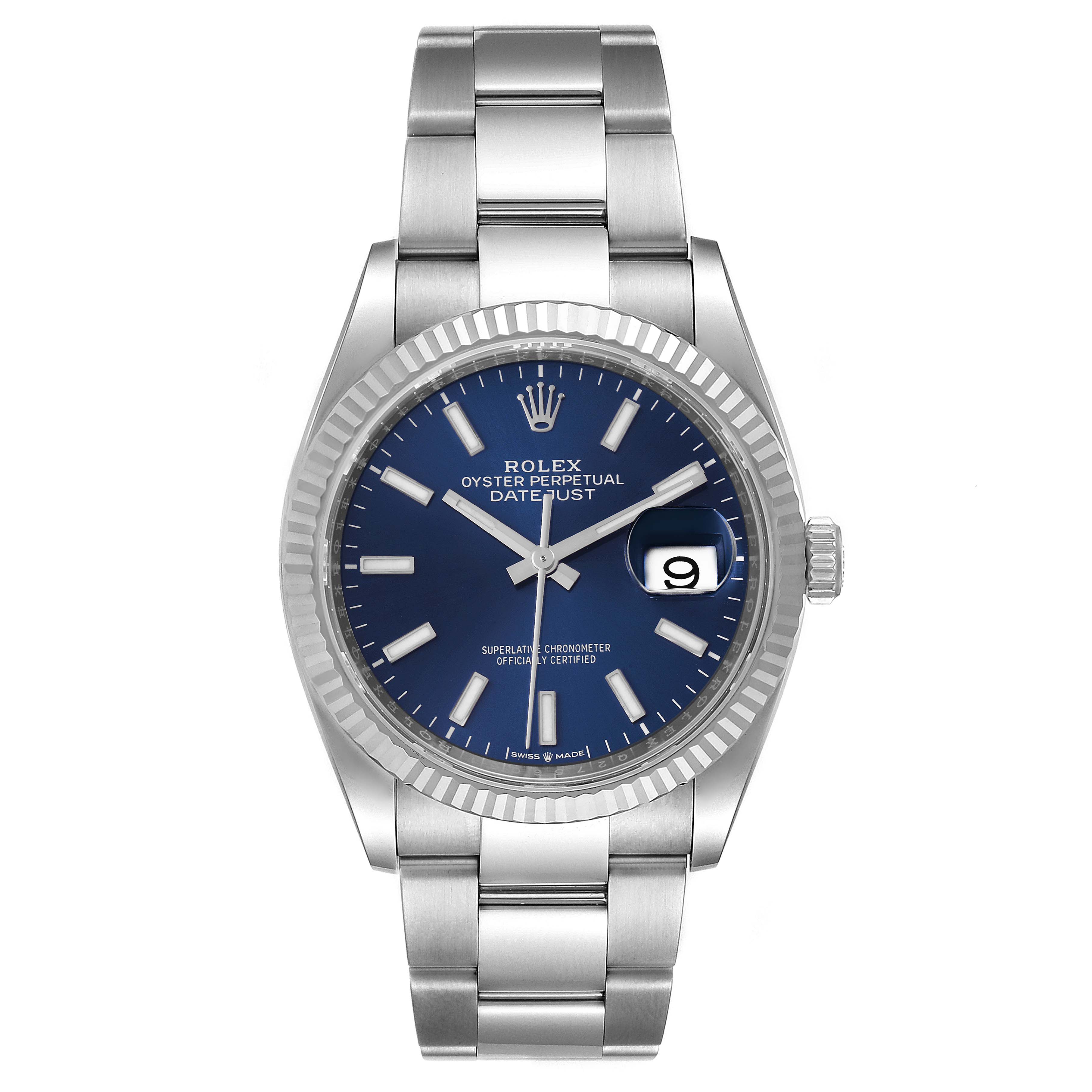 The Rolex Datejust 126234 Men's Stainless Steel Blue Dial 126234 Men's Stainless Steel Blue Dial watch is shown from a frontal angle, displaying the face, bezel, bracelet, and crown.