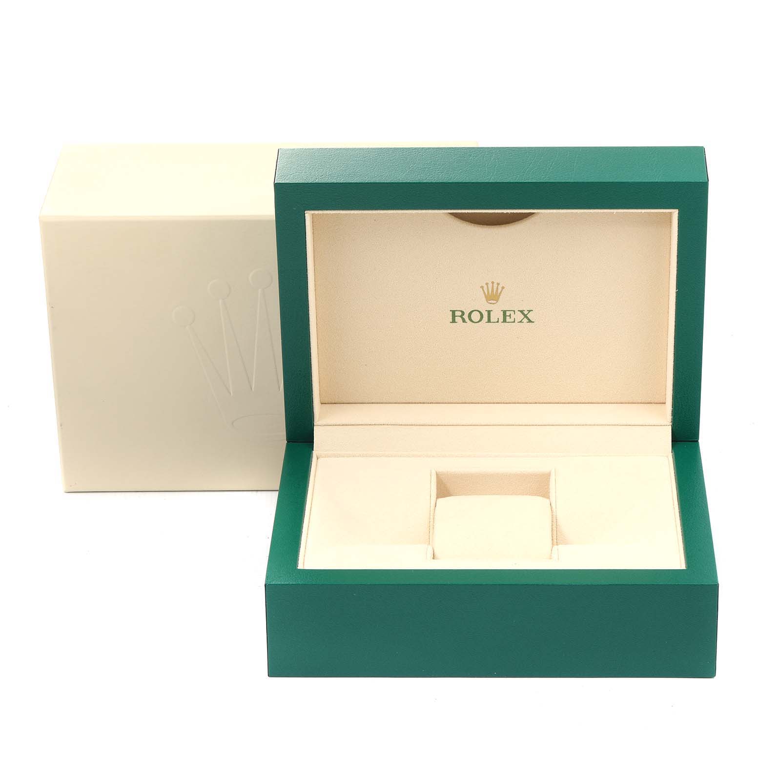 This image shows the open green and beige Rolex Datejust 126234 Men's Stainless Steel Blue Dial 126234 Men's Stainless Steel Blue Dial watch box from a frontal angle.