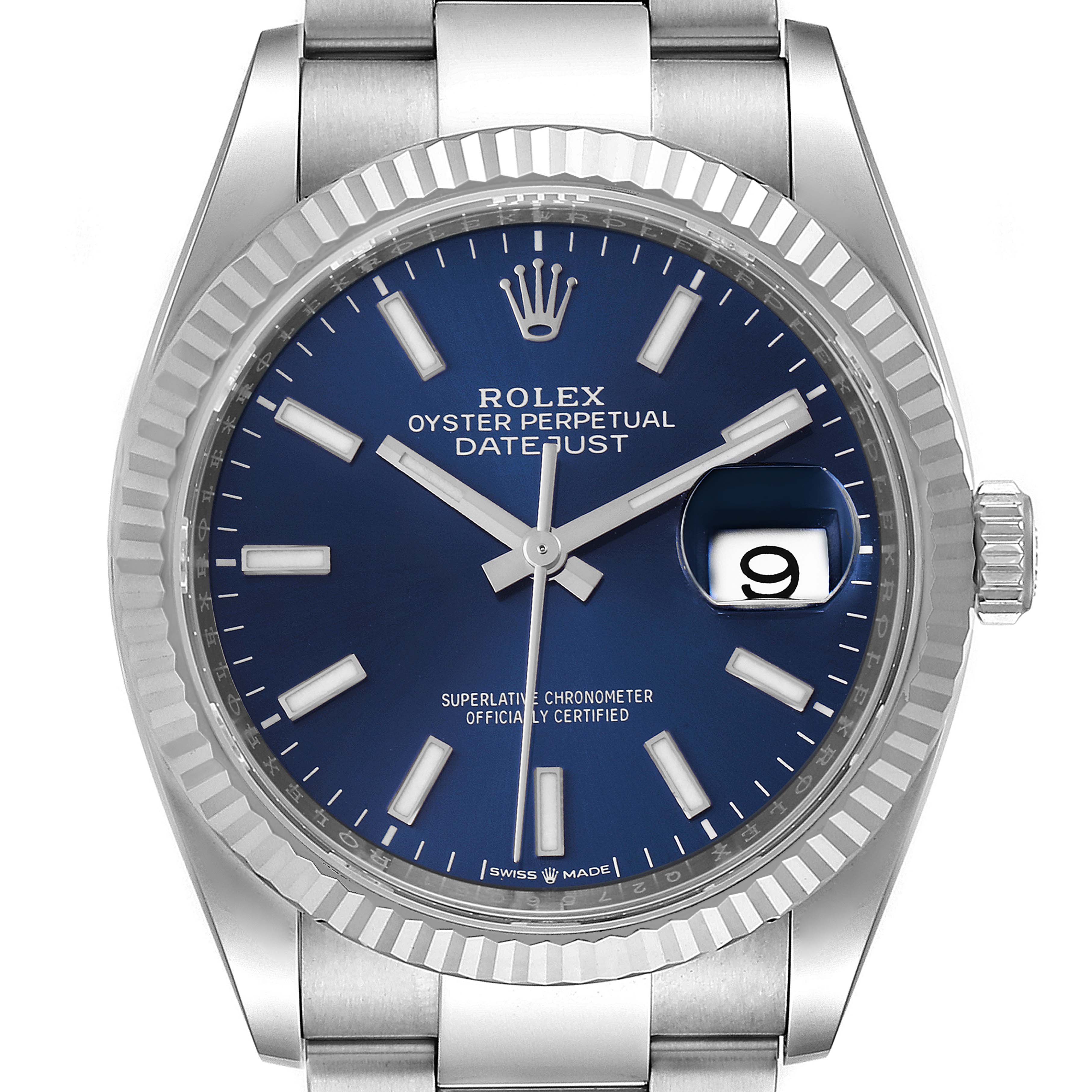 The image displays the front view of a Rolex Datejust 126234 Men's Stainless Steel Blue Dial 126234 Men's Stainless Steel Blue Dial watch, highlighting the blue dial, fluted bezel, and date window.