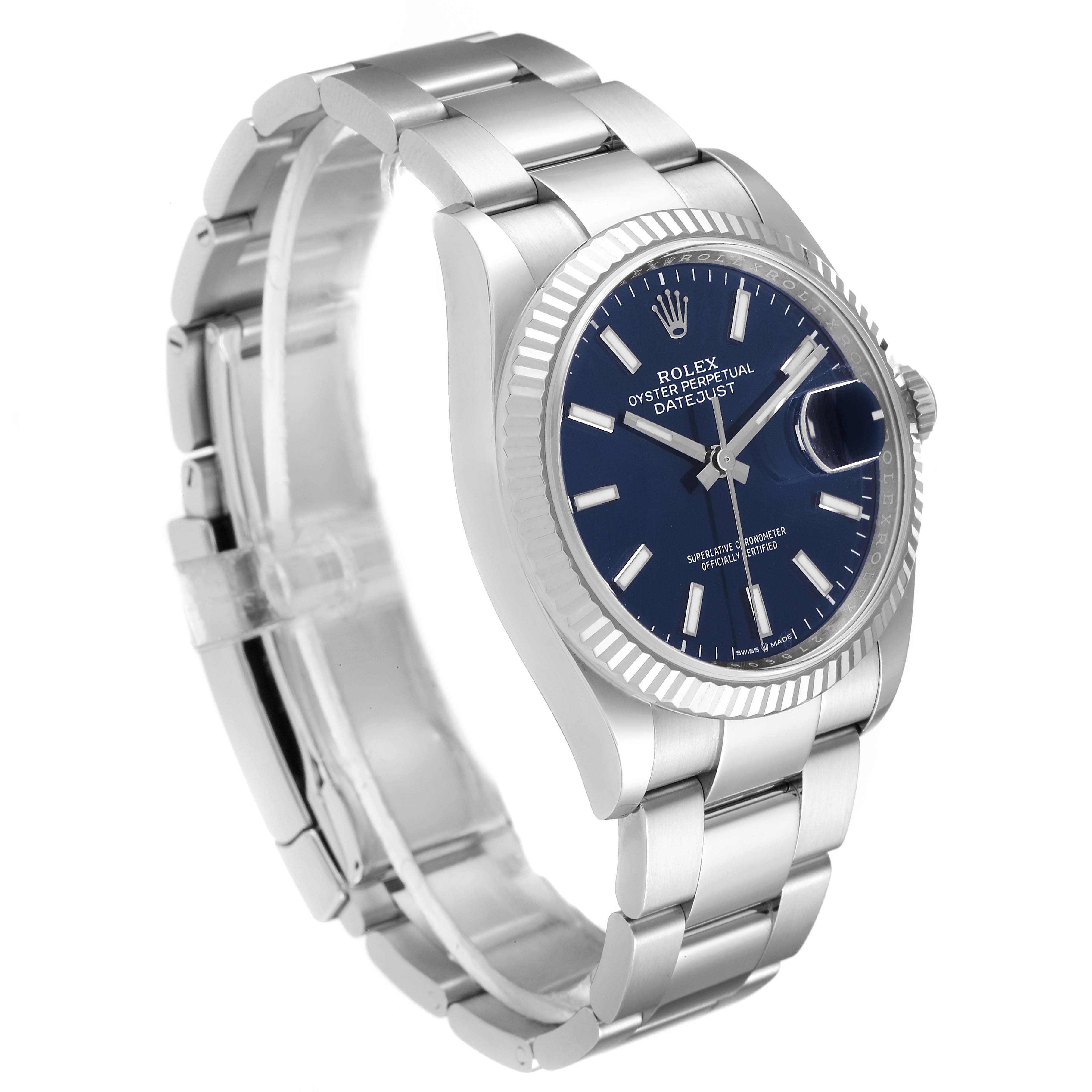 The Rolex Datejust 126234 Men's Stainless Steel Blue Dial 126234 Men's Stainless Steel Blue Dial watch is shown from a three-quarter angle highlighting the dial, bezel, bracelet, and clasp.