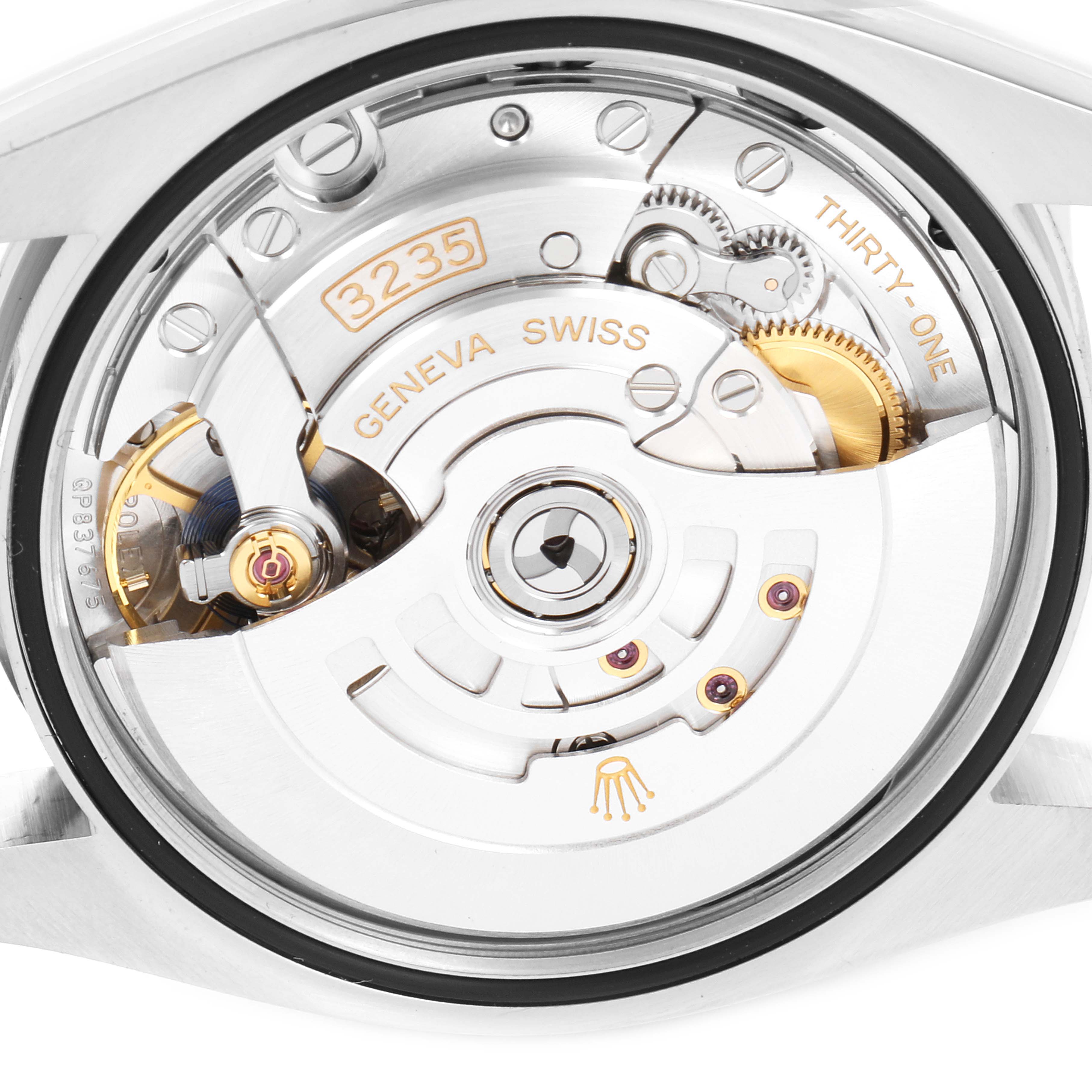 This is a close-up view of the movement mechanism of a Rolex Datejust 126234 Men's Stainless Steel Blue Dial 126234 Men's Stainless Steel Blue Dial watch.