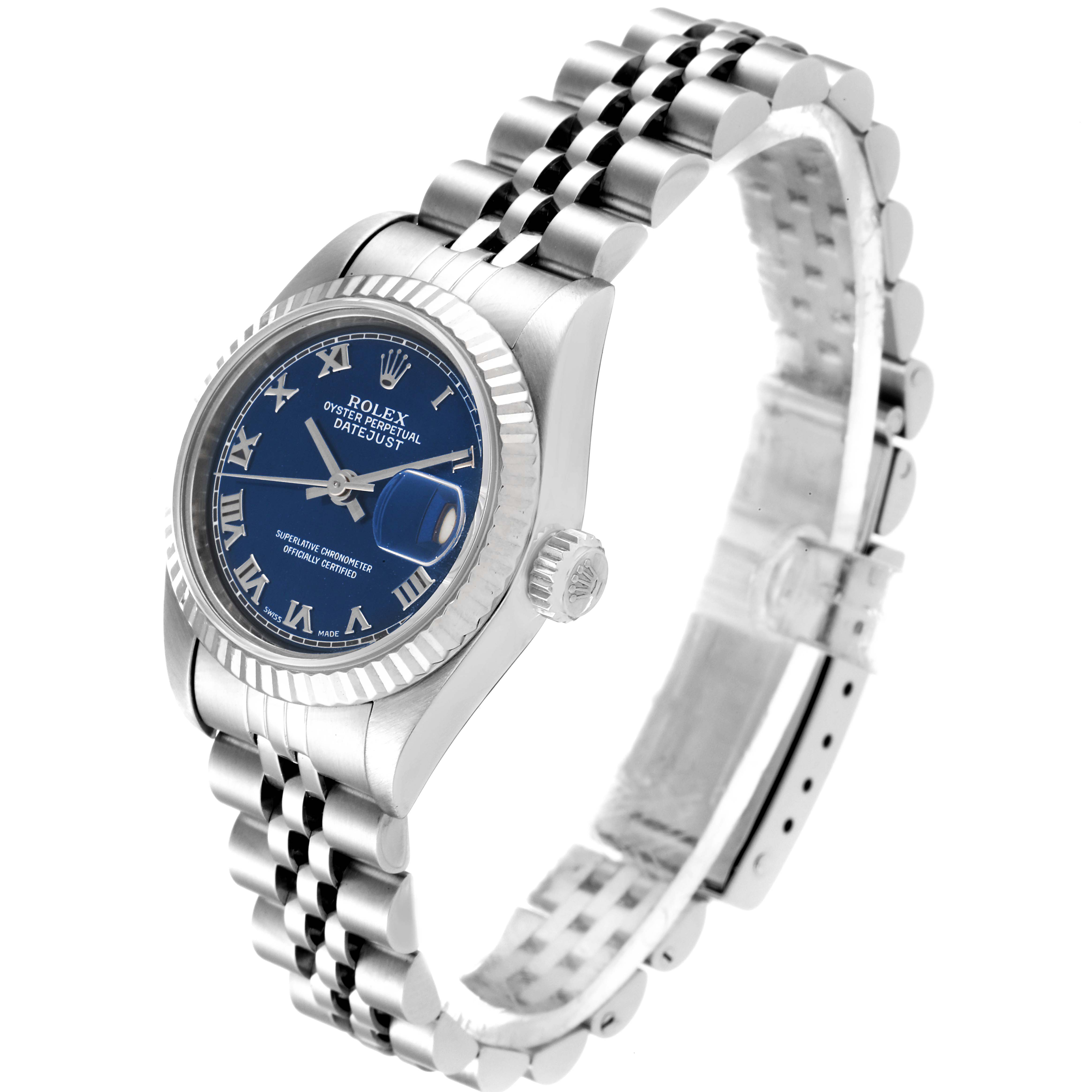 The image shows a side-angle view of a Rolex Datejust 69174 Women
s Stainless Steel Blue Dial 69174 Women
s Stainless Steel Blue Dial watch, highlighting the bracelet, crown, and face with a blue dial.