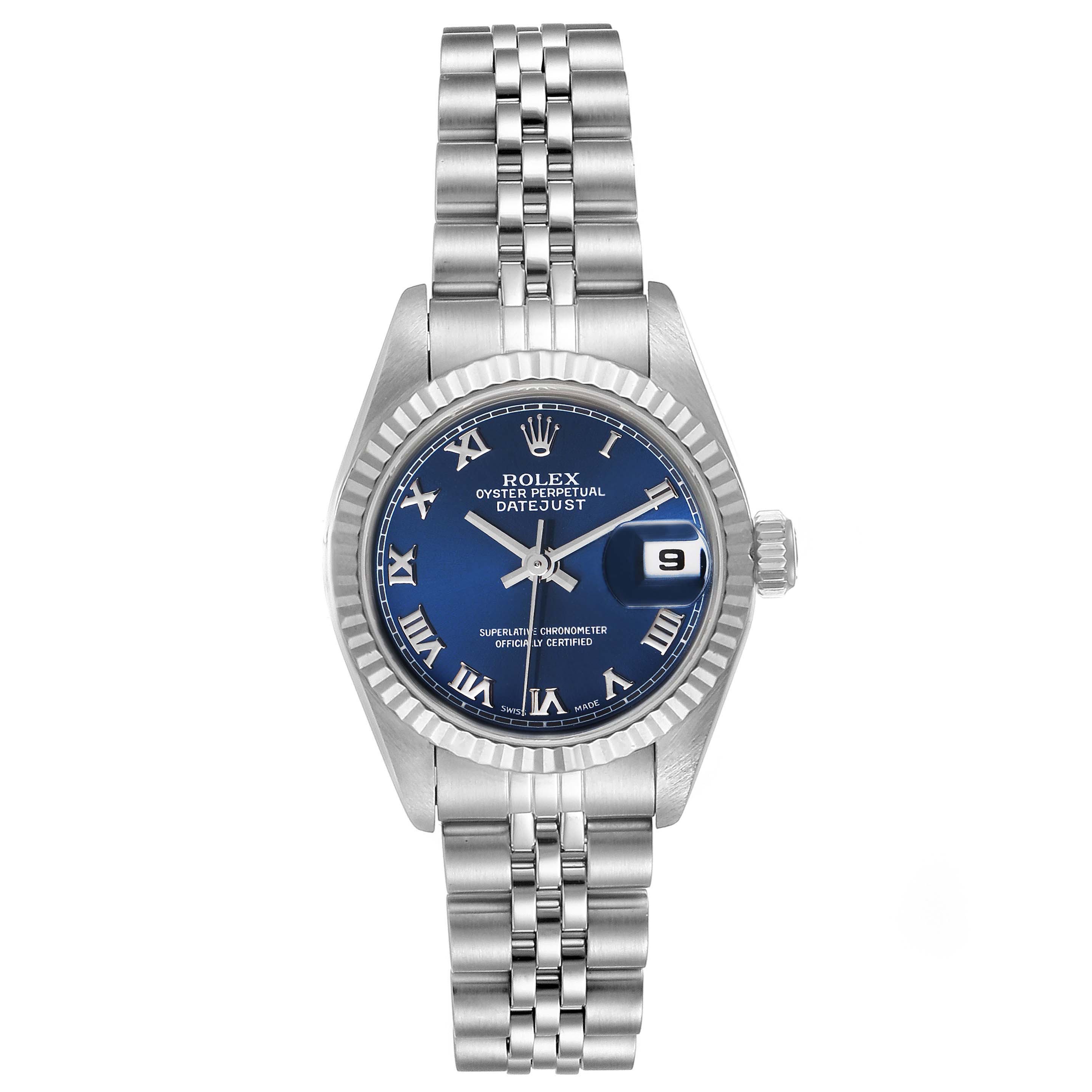 This image shows a front view of a Rolex Datejust 69174 Women
s Stainless Steel Blue Dial 69174 Women
s Stainless Steel Blue Dial watch, featuring its dial, bezel, crown, and bracelet.