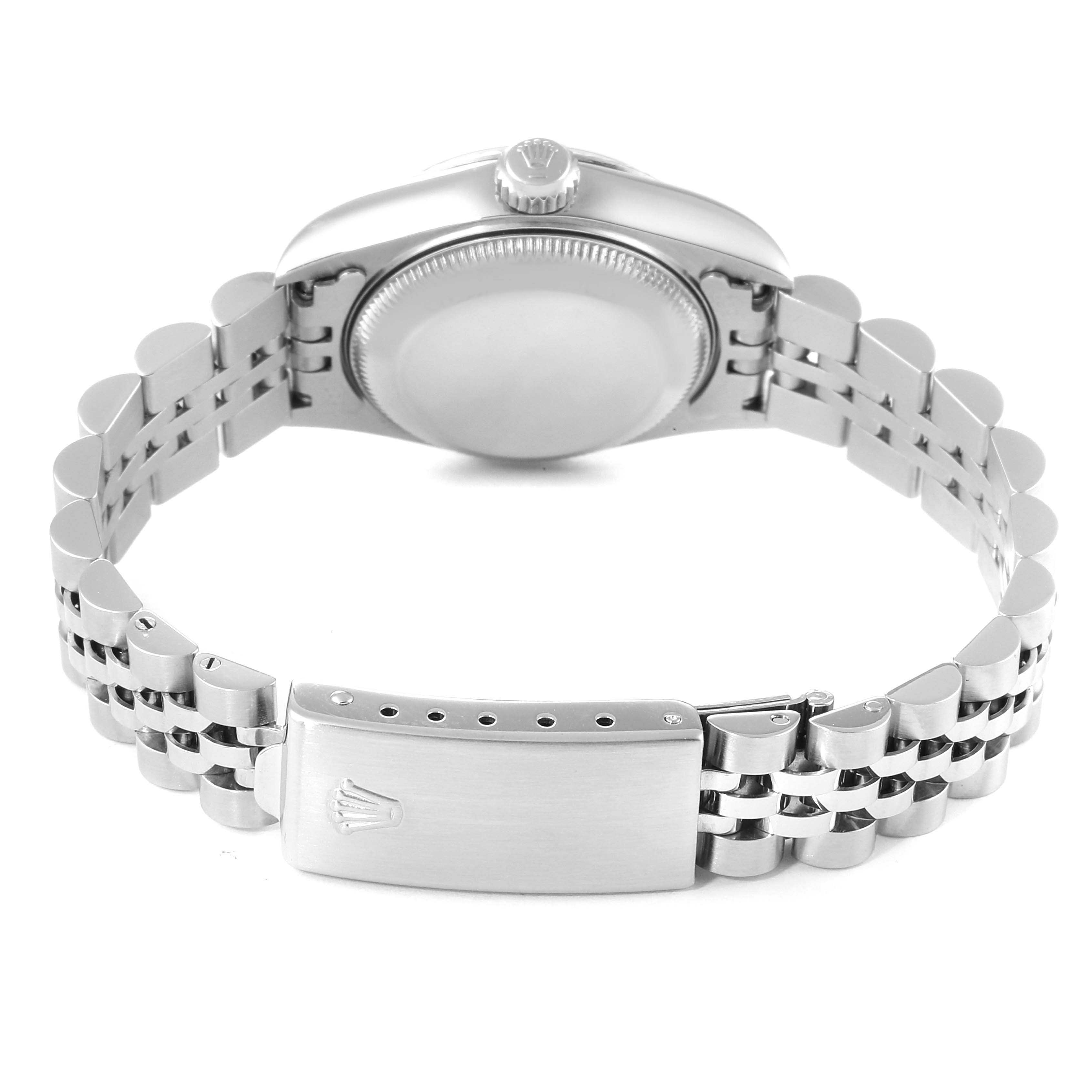 This image shows a rear view of a Rolex Datejust 69174 Women
s Stainless Steel Blue Dial 69174 Women
s Stainless Steel Blue Dial watch, displaying the back case and bracelet with a clasp.