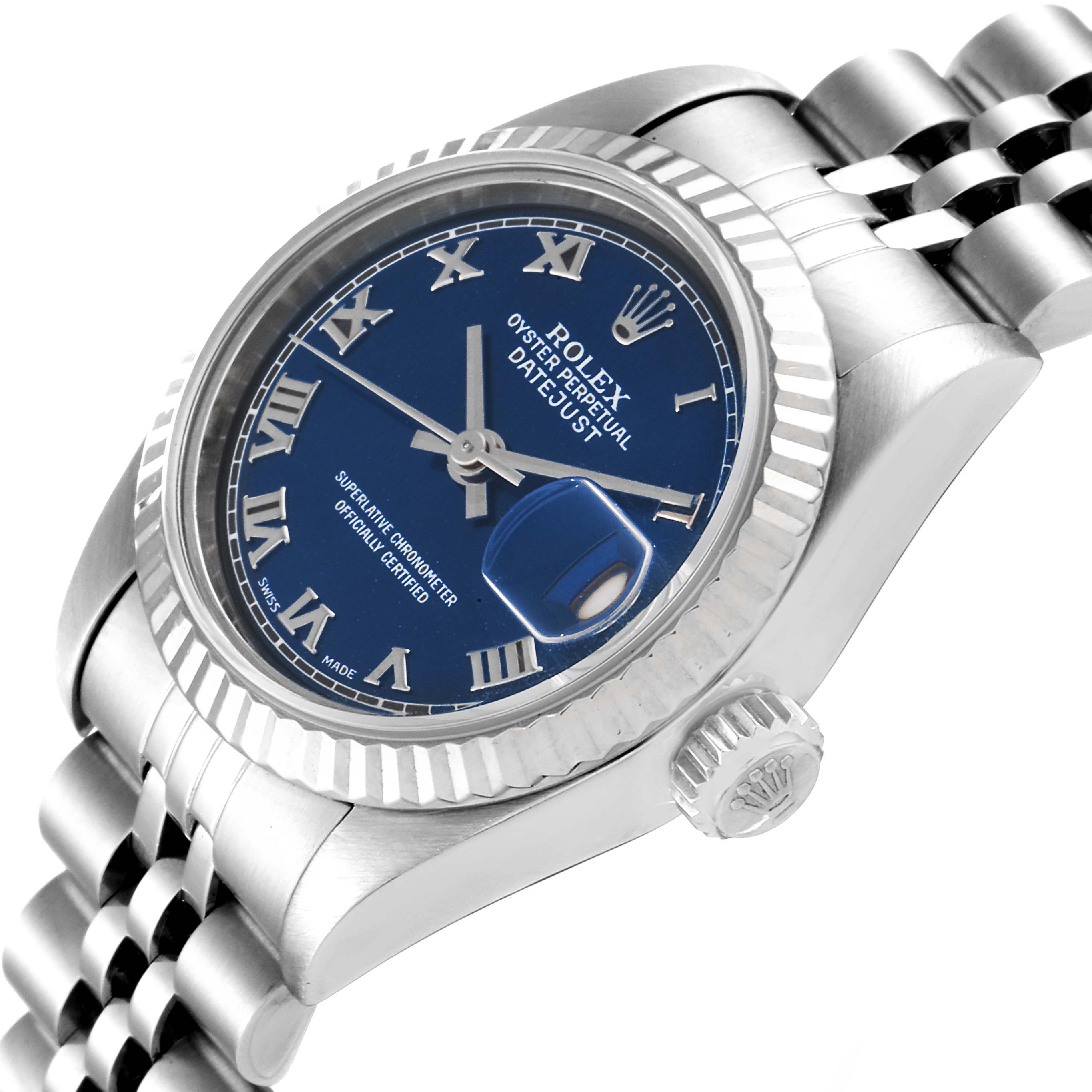 The Rolex Datejust 69174 Women
s Stainless Steel Blue Dial 69174 Women
s Stainless Steel Blue Dial watch is shown at a slight angle, highlighting its blue dial, Roman numerals, fluted bezel, and jubilee bracelet.