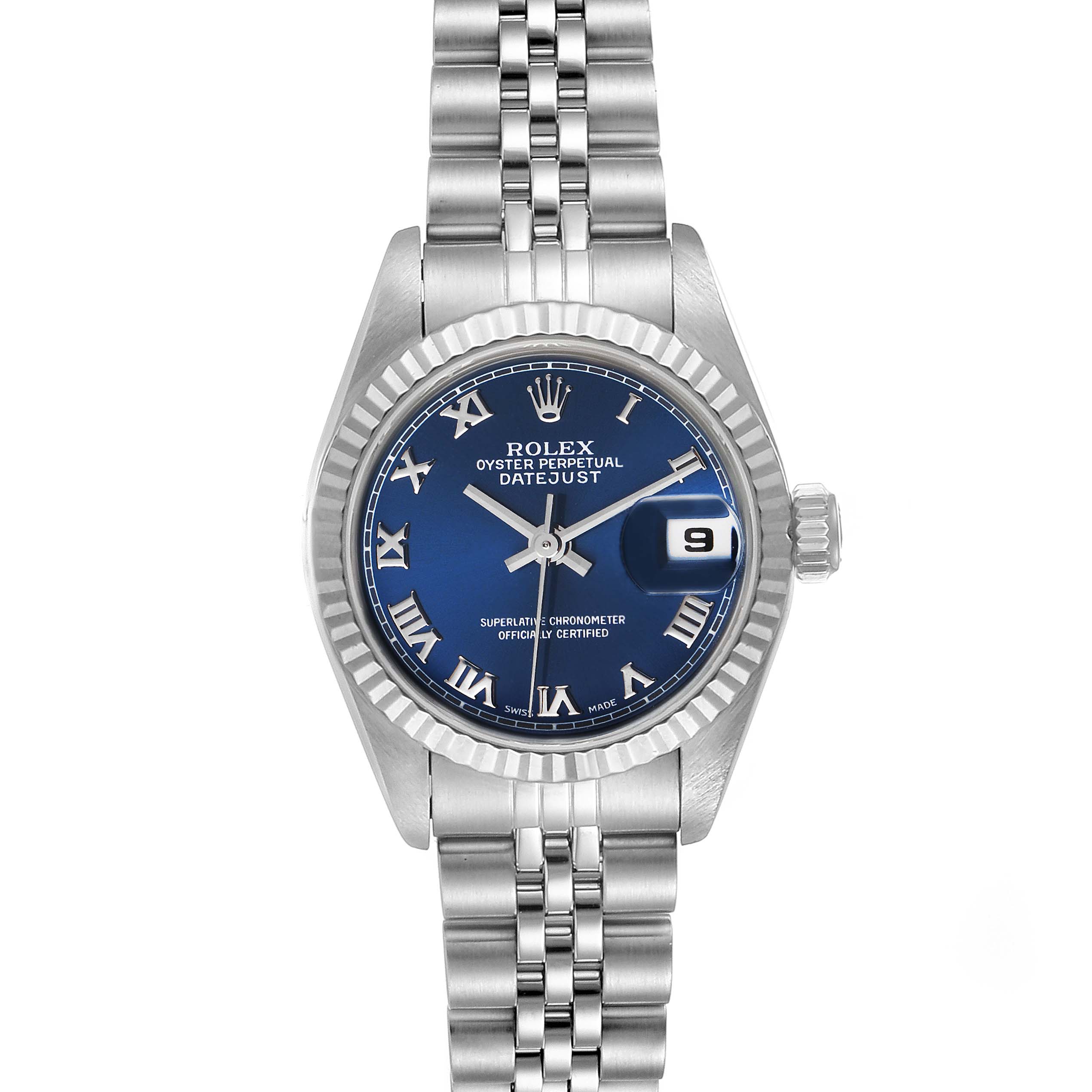The image shows a front view of a Rolex Datejust 69174 Women
s Stainless Steel Blue Dial 69174 Women
s Stainless Steel Blue Dial watch, featuring a jubilee bracelet and a blue dial with a date window.