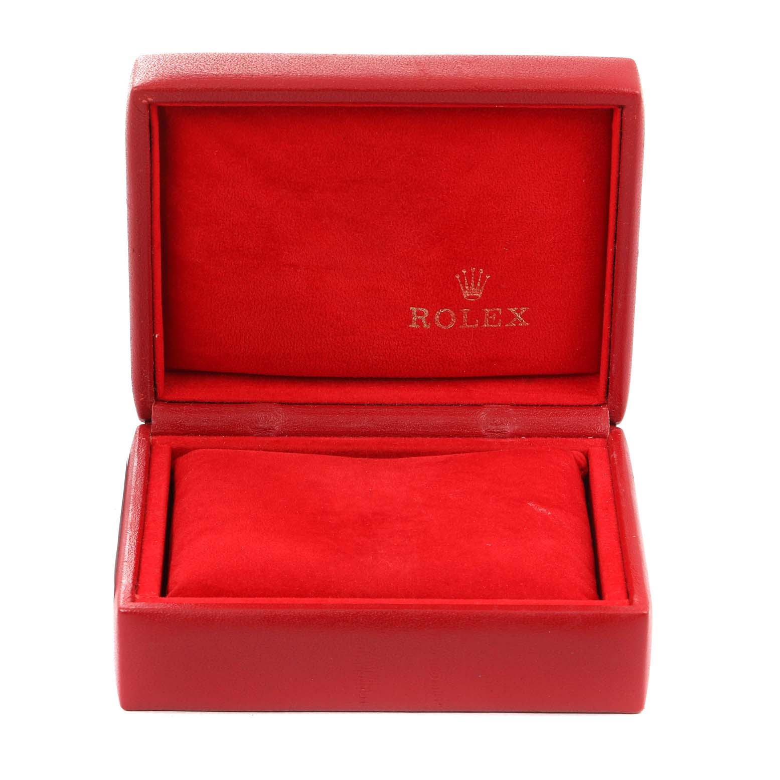 This image shows an open red Rolex watch box, likely for a Datejust model, with the logo inside the lid.