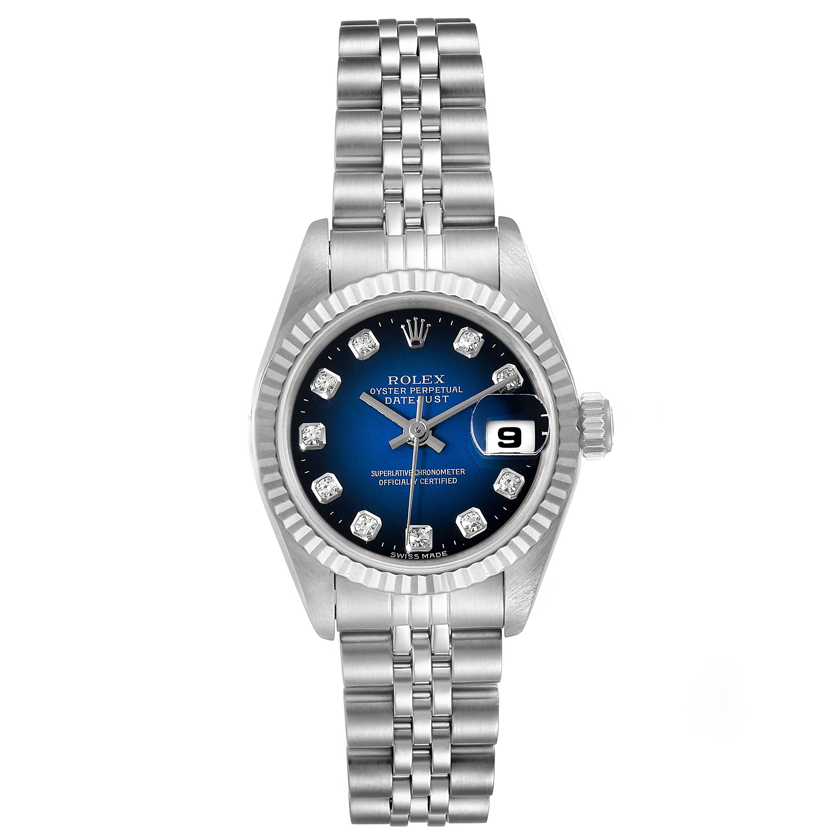 This image shows a front view of the Rolex Datejust 69174 Women's Stainless Steel Blue Dial 69174 Women's Stainless Steel Blue Dial watch, showcasing its dial, bezel, and bracelet.